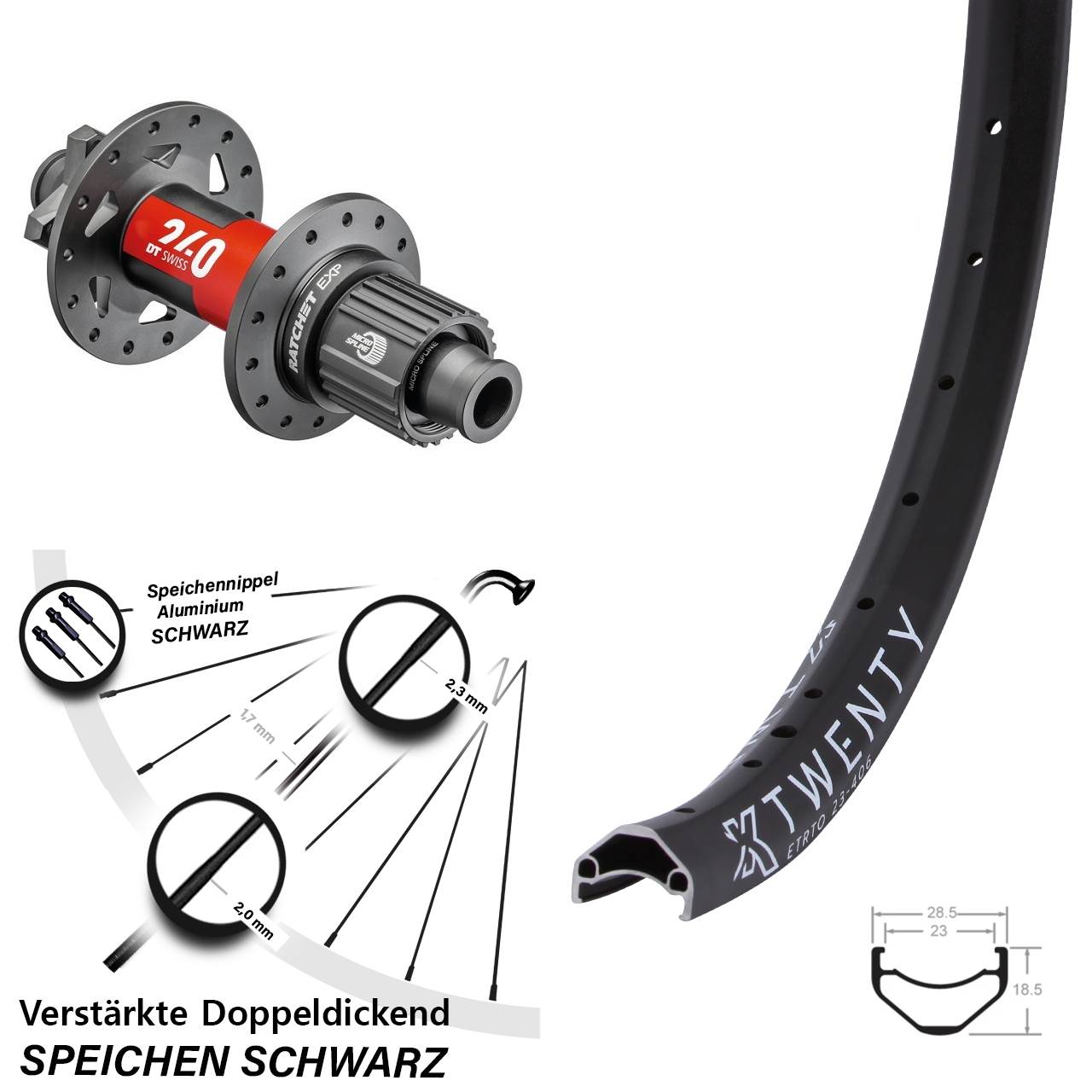 Hinterrad 6-Loch 20 Zoll KX Twenty DT Swiss 240 EXP Micro Spline 12x148 Boost