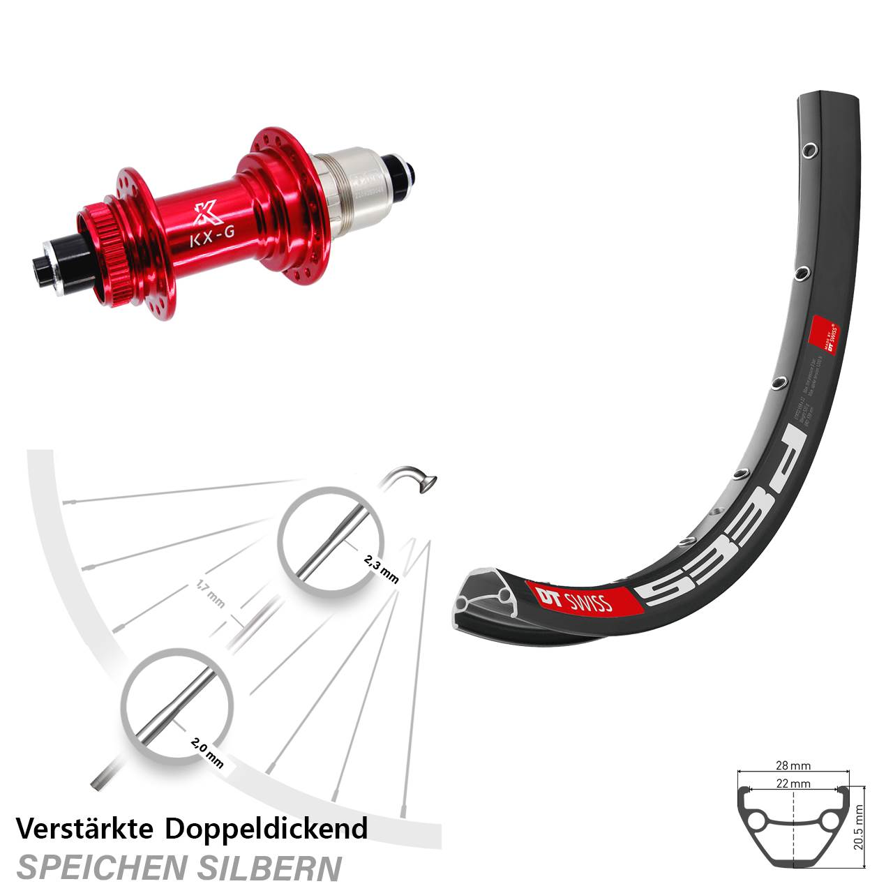 28 Zoll DT Swiss 533d KX-G rot Centerlock Hinterrad für Schnellspanner XDR