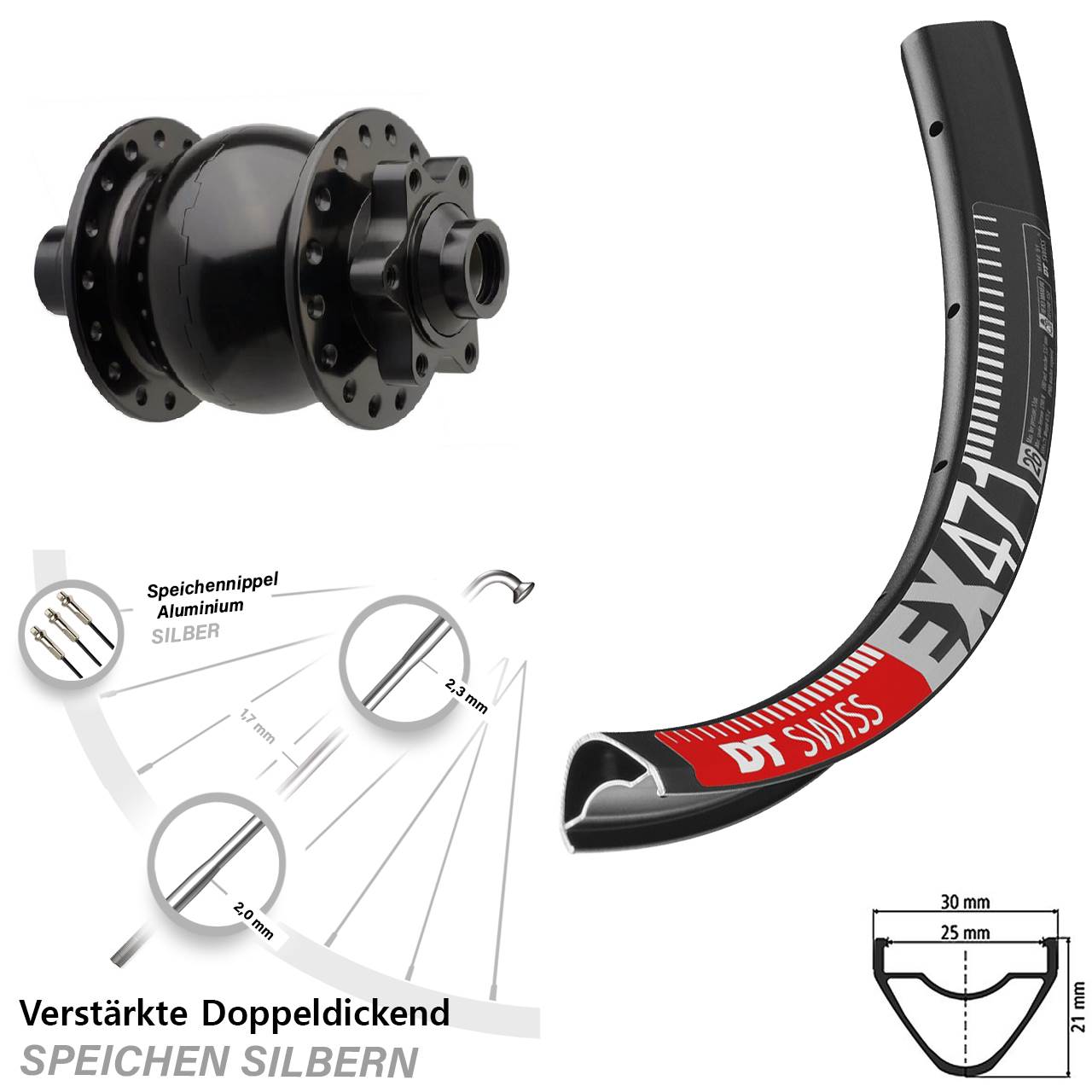 Nabendynamovorderrad 6-Loch 27,5 Zoll DT Swiss EX 471 SON 28 Boost
