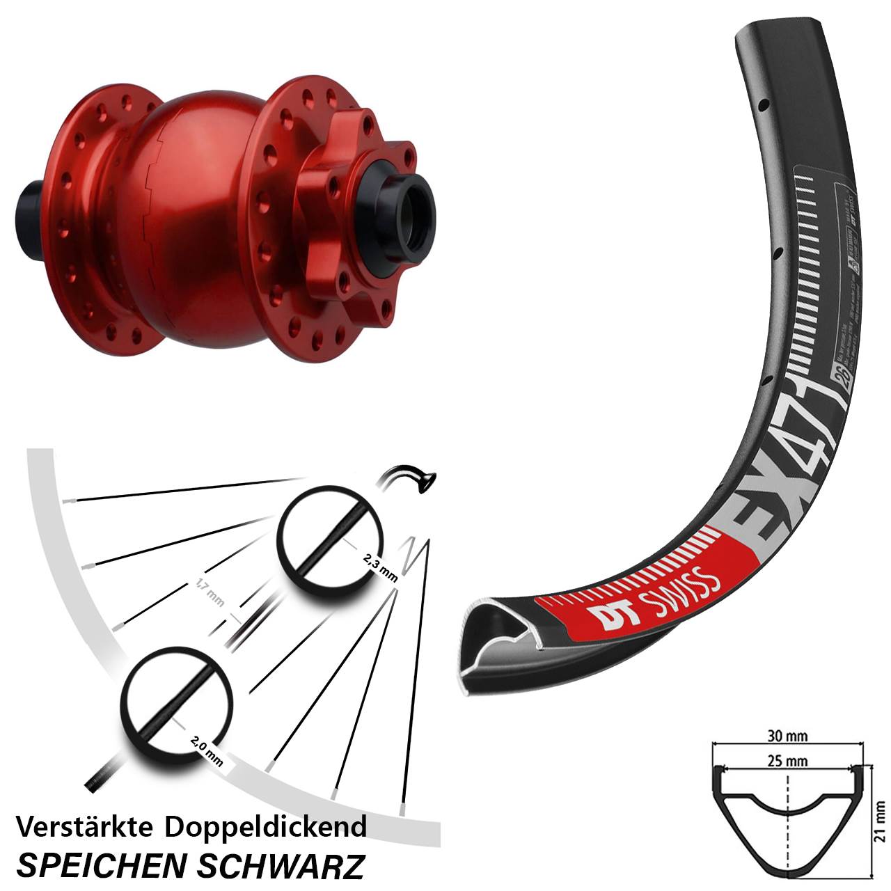 Boost Disc 29 Zoll Dynamo-Vorderrad 15x110 DT Swiss EX471 SON 28 rot