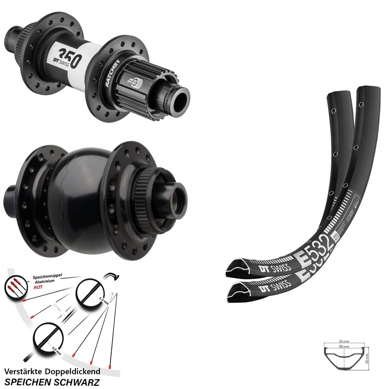 27,5 Zoll DT Swiss E 532-350 Ratchet 36 SON 28 Laufrad-Satz 15x110 12x148 Micro Spline