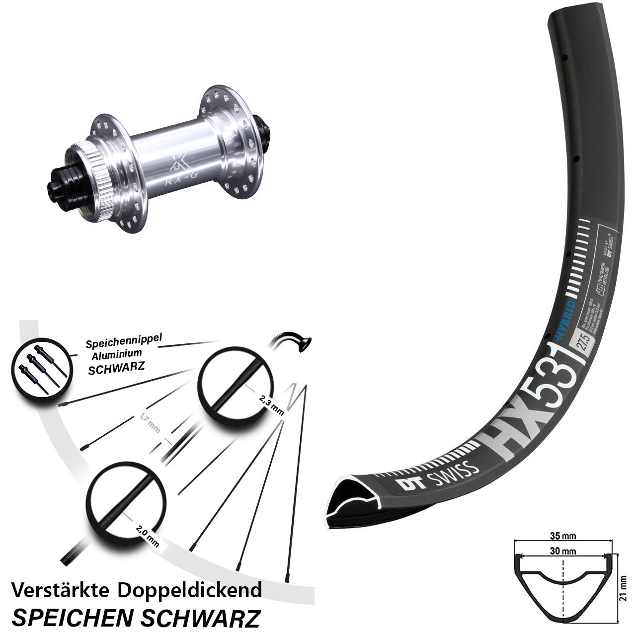 29 Zoll DT Swiss HX531 KX-G Vorderrad Centerlock für Schnellspanner