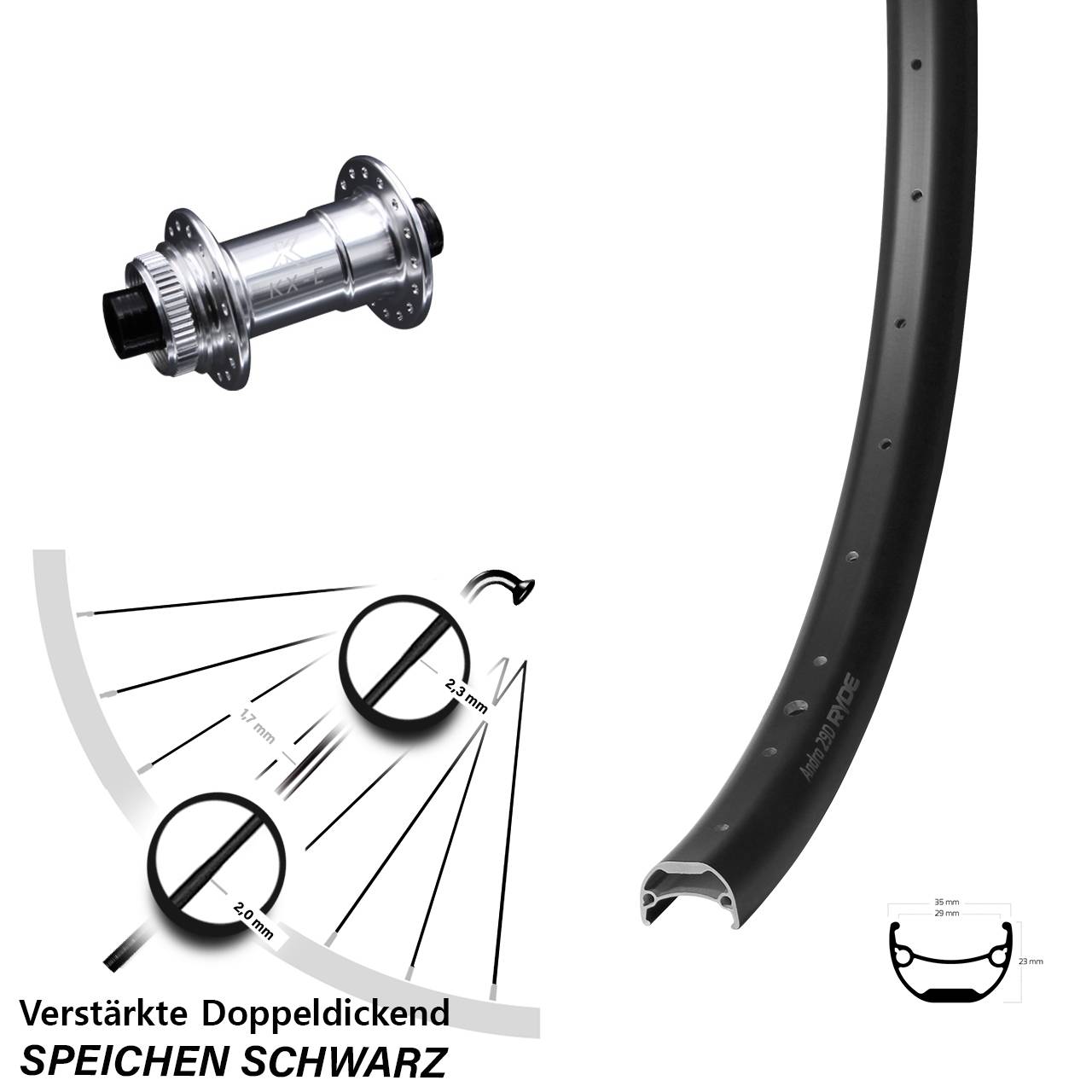 29 Zoll Vorderrad KX-E Nabe silbern-eloxiert Centerlock 15x100 mm Ryde Andra 29-622 ETRTO