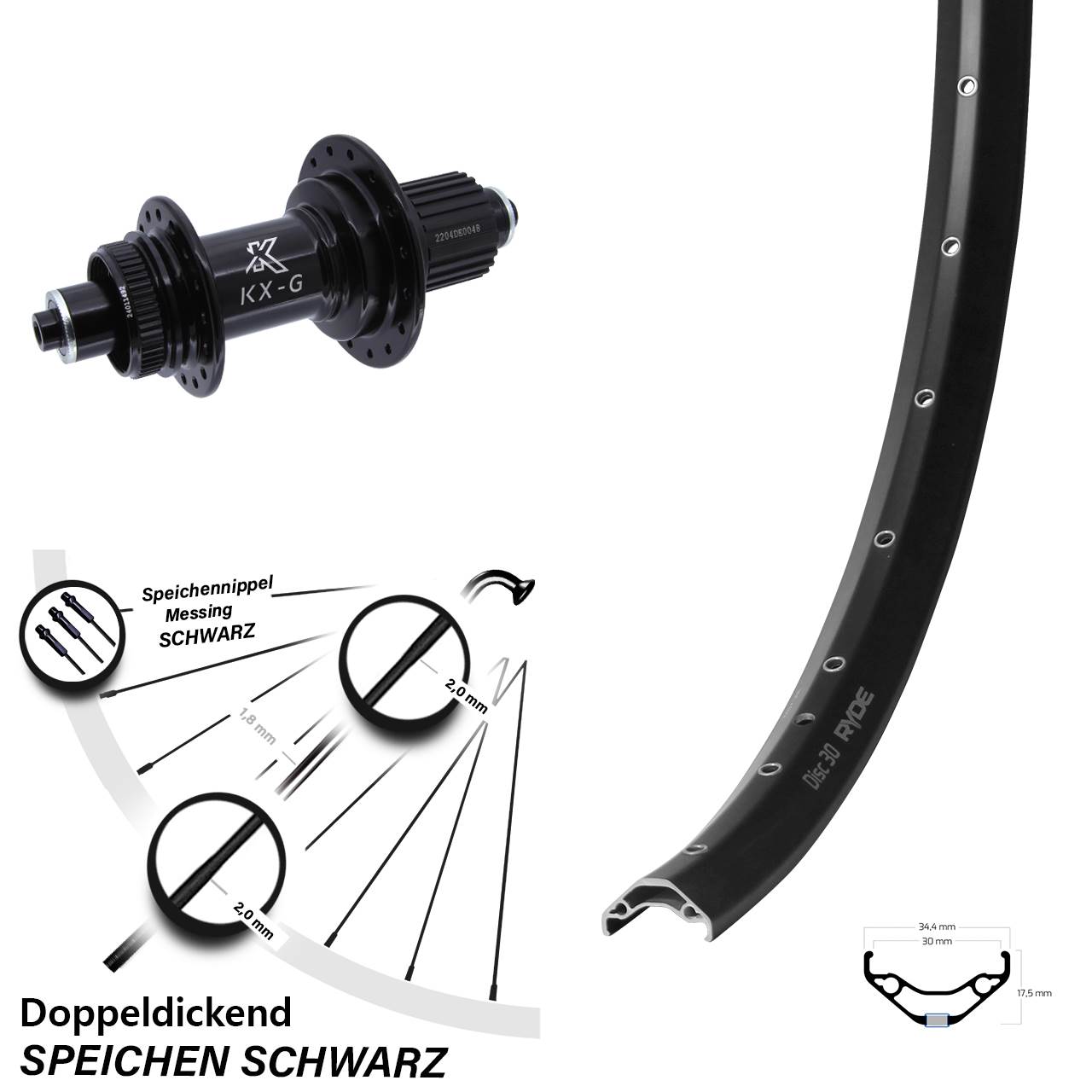 29 Zoll Hinterrad Ryde Disc 30 KX-GS Centerlock Micro Spline schwarz