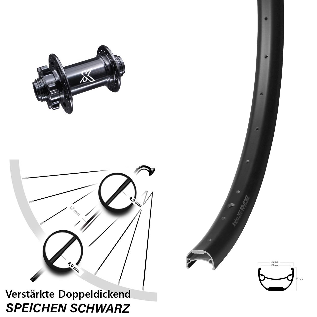 Vorderrad breite Felge Disc Ryde Andra 29 Zoll KX-M 15x100 mm