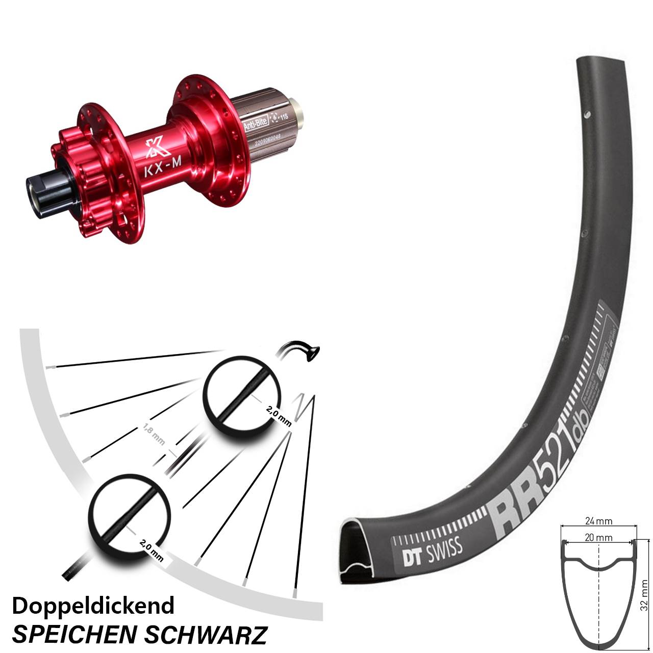28 Zoll DT Swiss RR 521 Hinterrad KX-M 8-12 fach 12x142