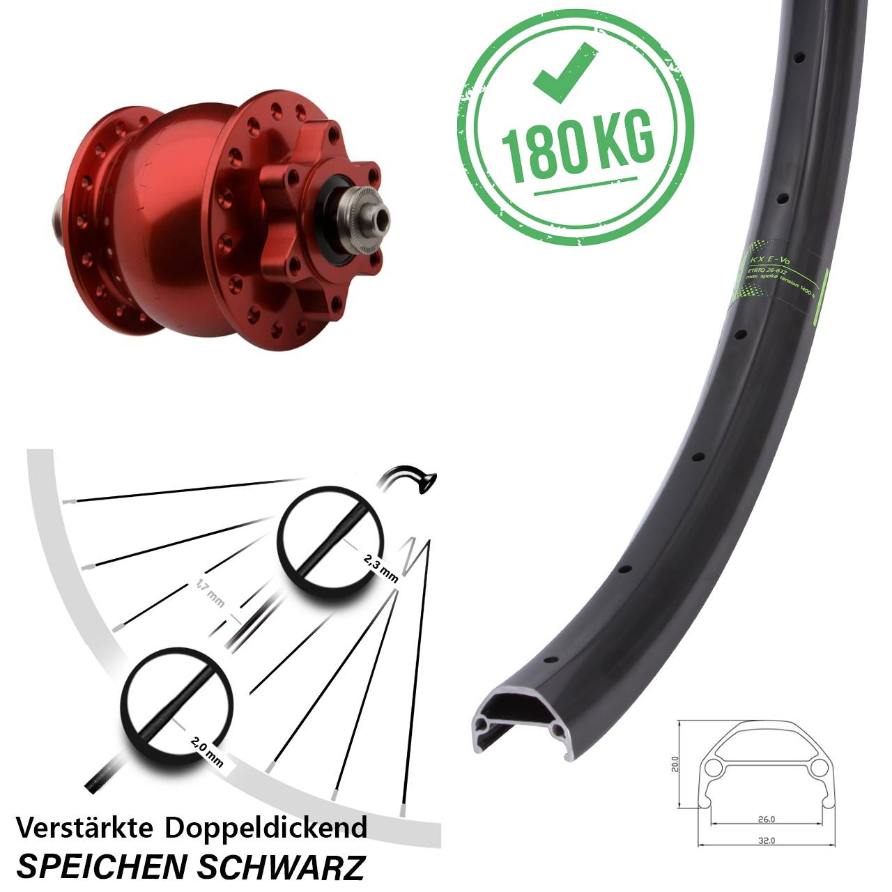 SON 28 rot KX Evo 20 Zoll 6-Loch Nabendynamo-Vorderrad QR