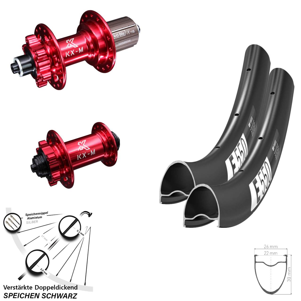 Laufradsatz 6-Loch QR 28 Zoll DT Swiss E550 KX-M rot 8-12 fach HG