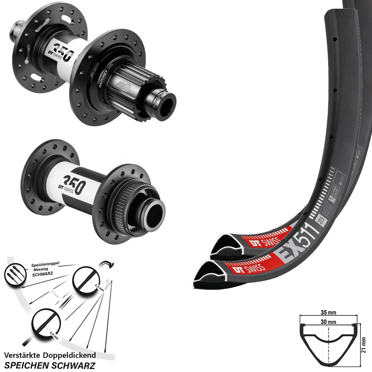 27,5 Zoll DT Swiss EX511 350 DEG72 Disc Laufradsatz Boost Micro Spline