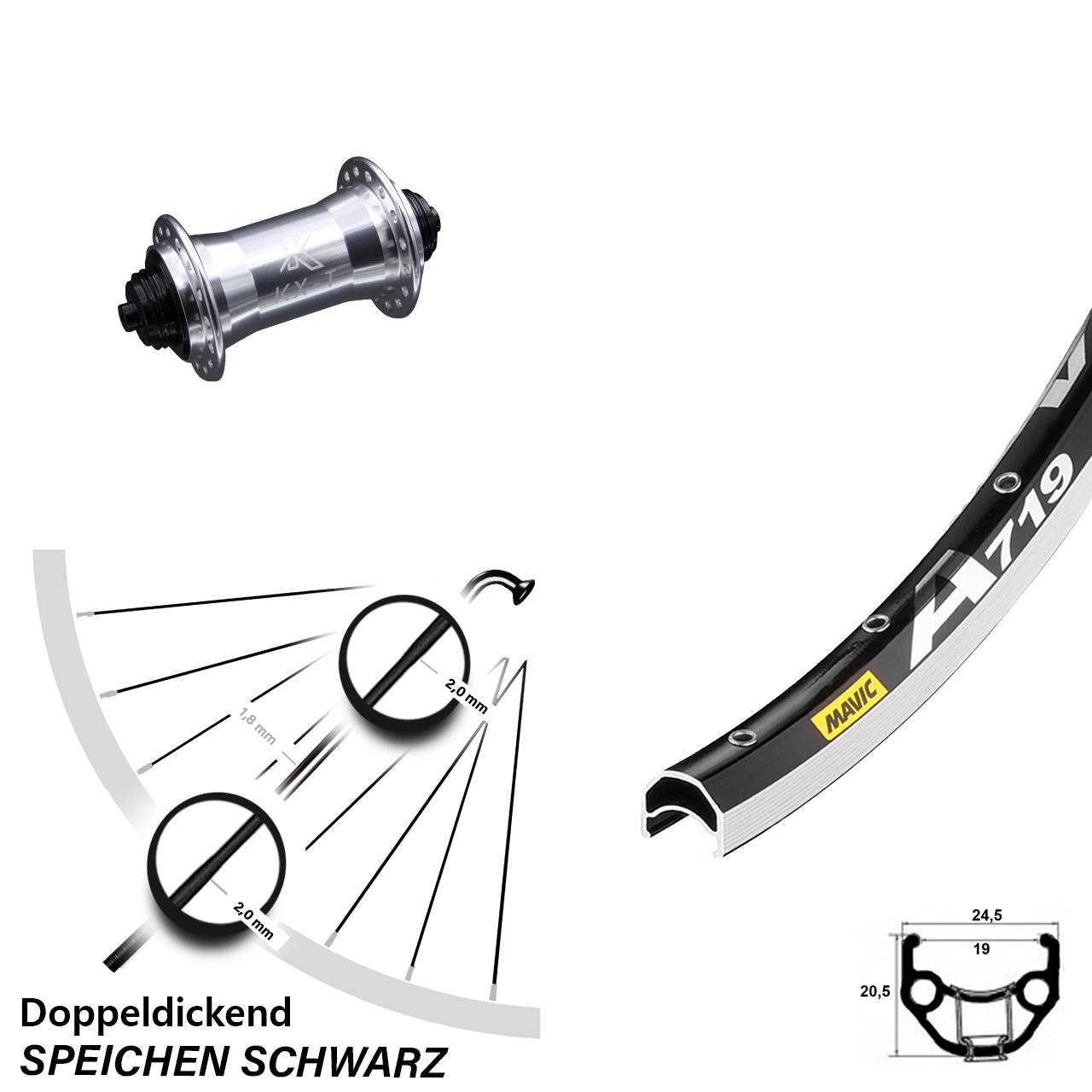 KX-T silbern Mavic A 719 Vorderrad 28 Zoll Schnellspanner Felgenbremse