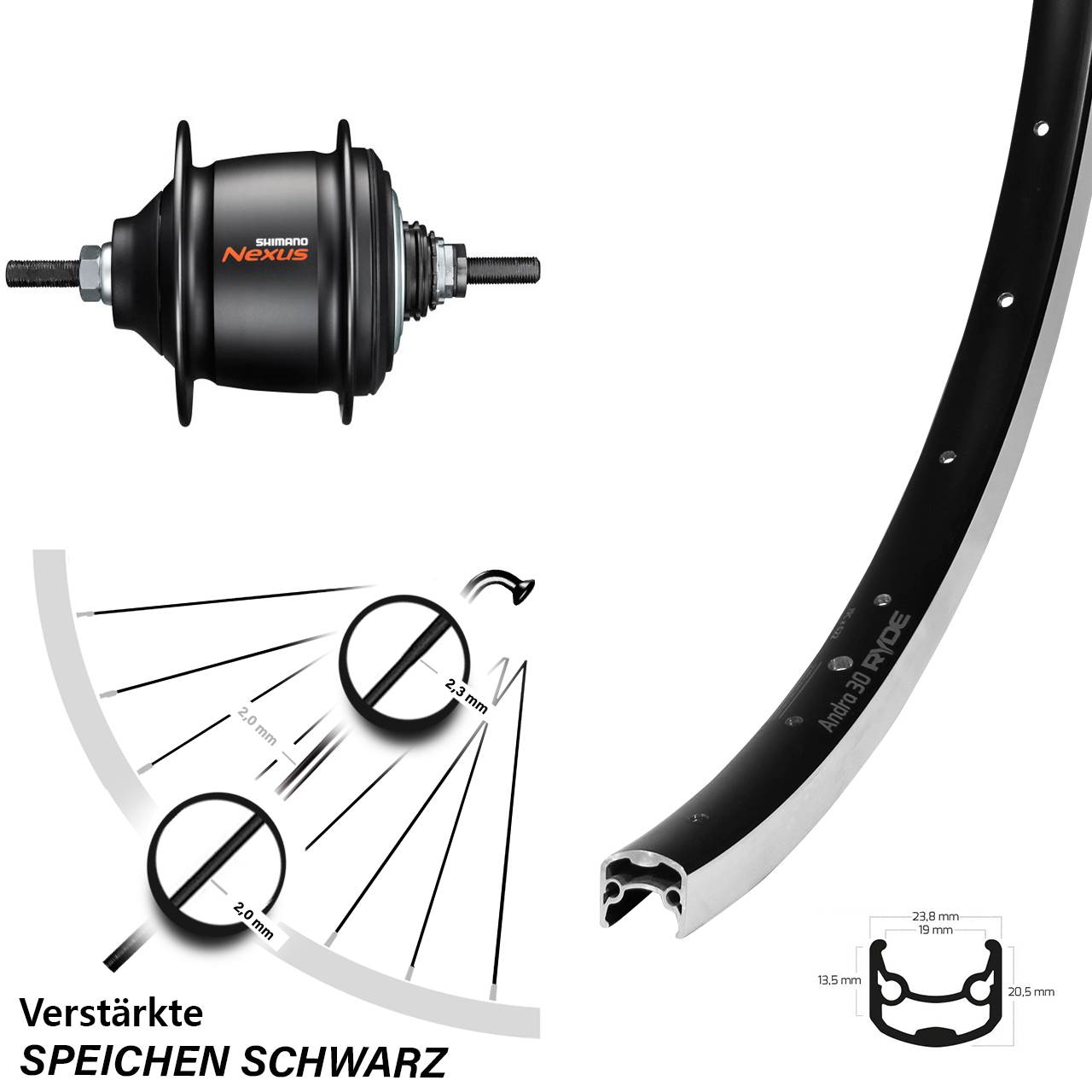 26 Zoll Hinterrad Shimano Nexus 8 Gang Freilauf Ryde Andra 30 schwarz