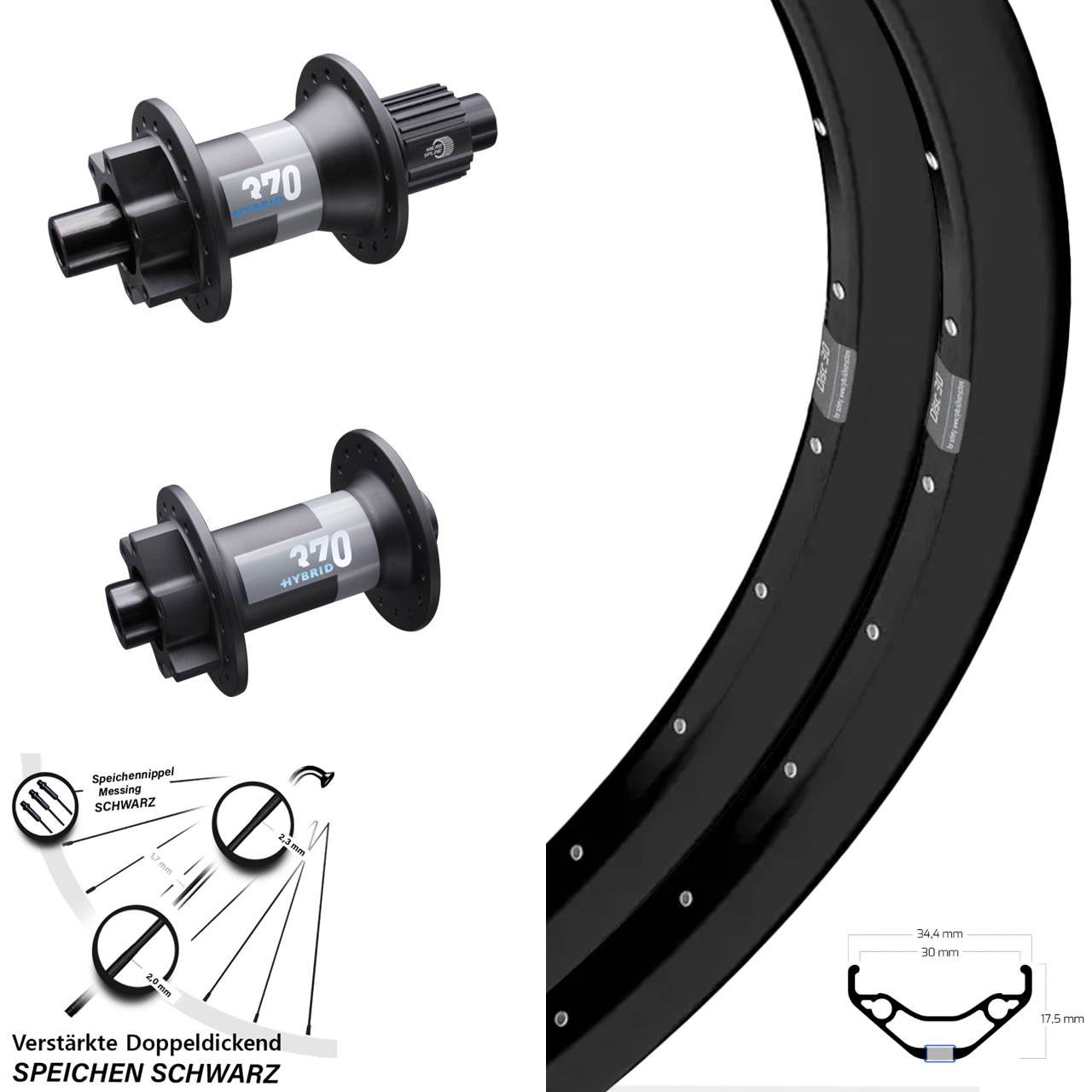 Laufradsatz 27,5 Zoll Ryde Disc 30 DT Swiss 370 Hybrid Boost Micro Spline