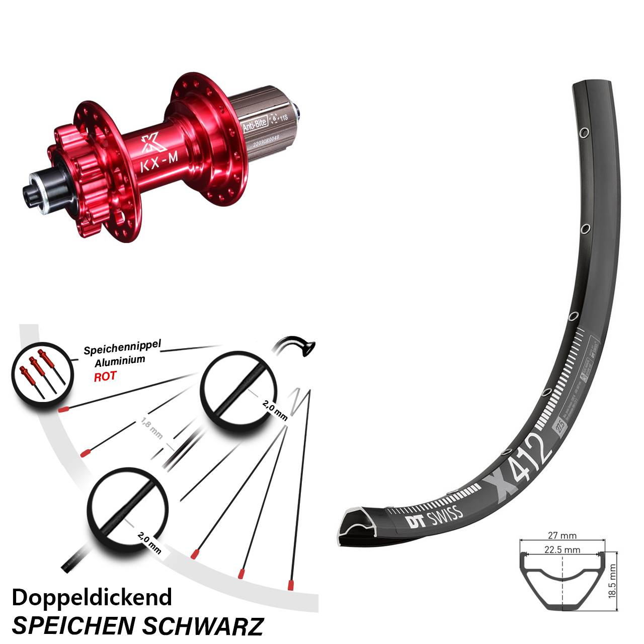 DT Swiss X 412 KX-M rot 28-29 Zoll Hinterrad 6-Loch für Schnellspanner 8-12 fach HG