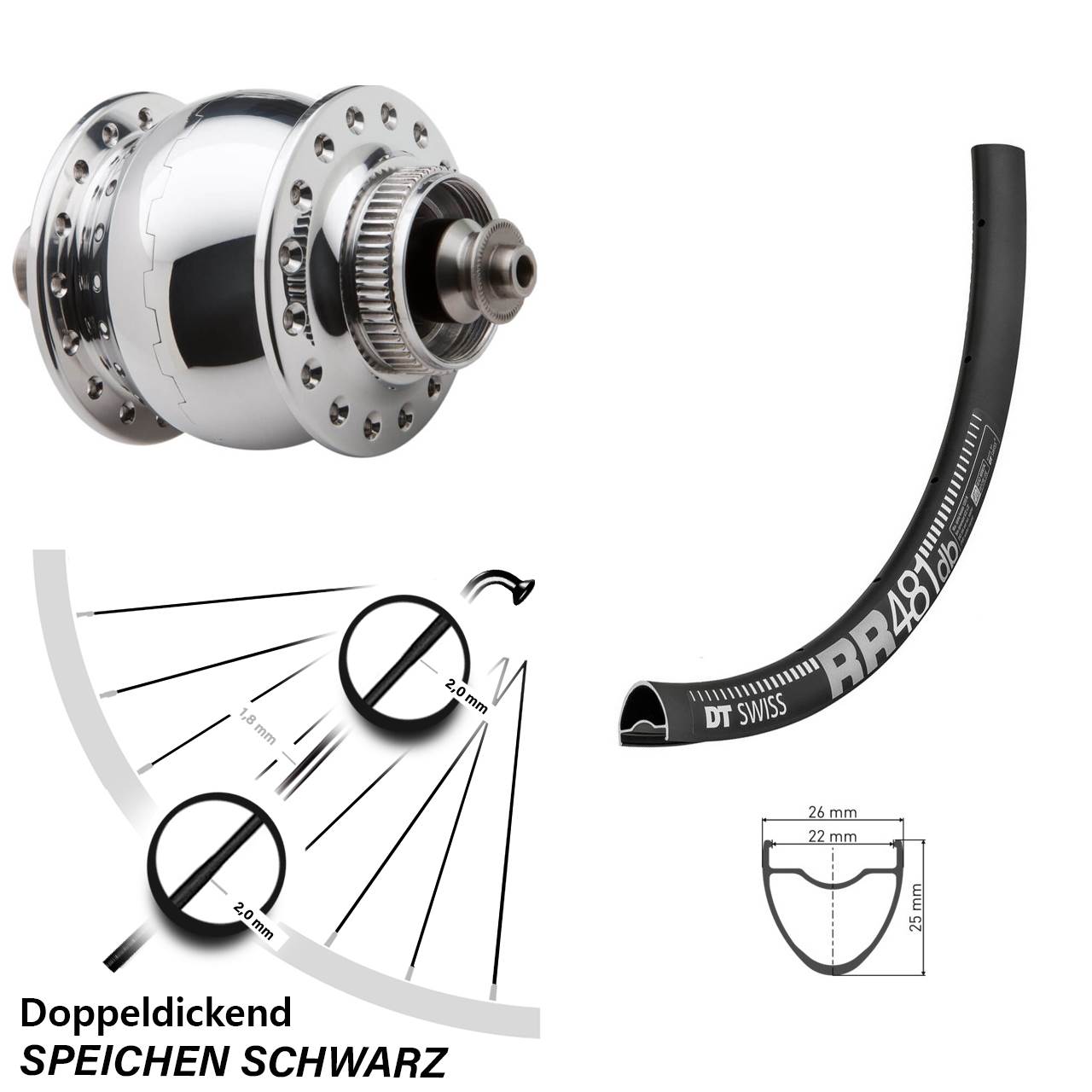 DT Swiss RR481 28 Zoll Vorderrad mit Nabendynamo SON delux Zoll Disc