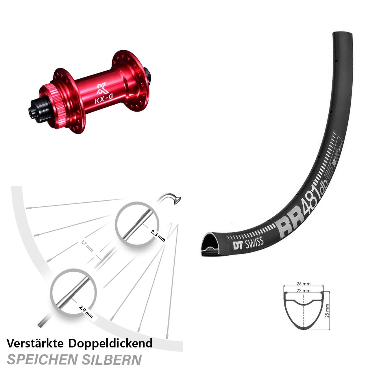 Vorderrad 28 Zoll DT Swiss RR 481 DB Disc verstärkt KX-G rot 5x100
