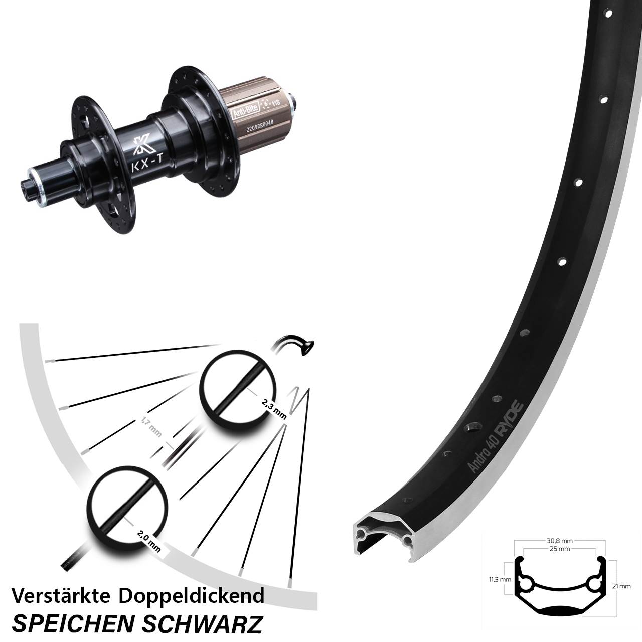 28 Zoll Ryde Andra 40 KX-T Hinterrad für Schnellspanner 8-11 fach HG