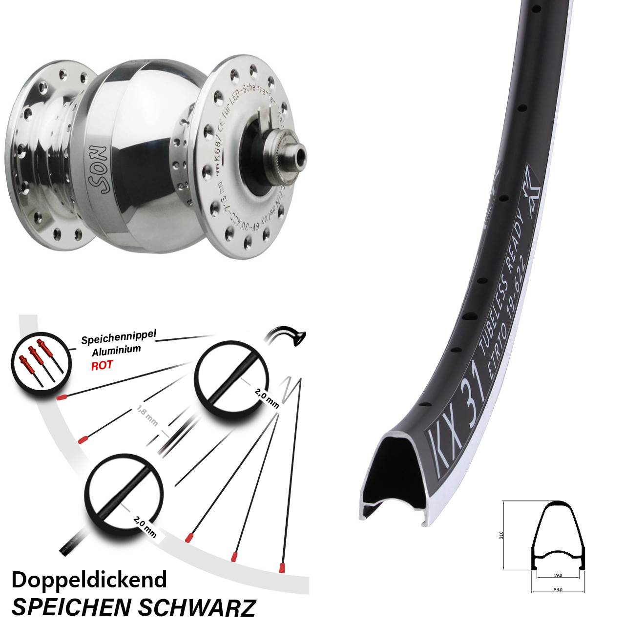Nabendynamo-Vorderrad 28 Zoll KX 31 SONdelux wide body QR