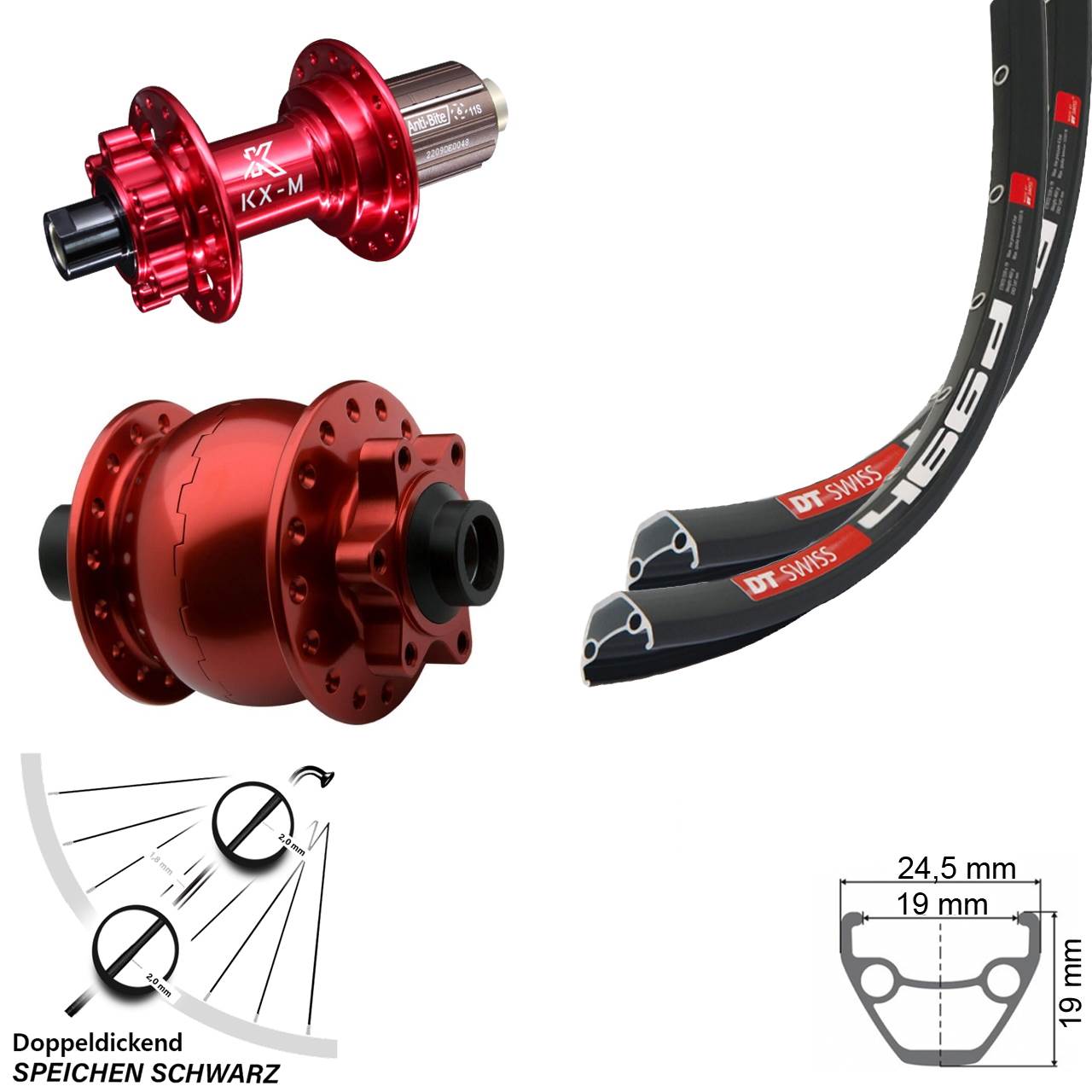 Laufradsatz 6-Loch 15x100 12x142 28 Zoll DT Swiss 466 KX-M rot SON 28 rot 8-12 fach HG