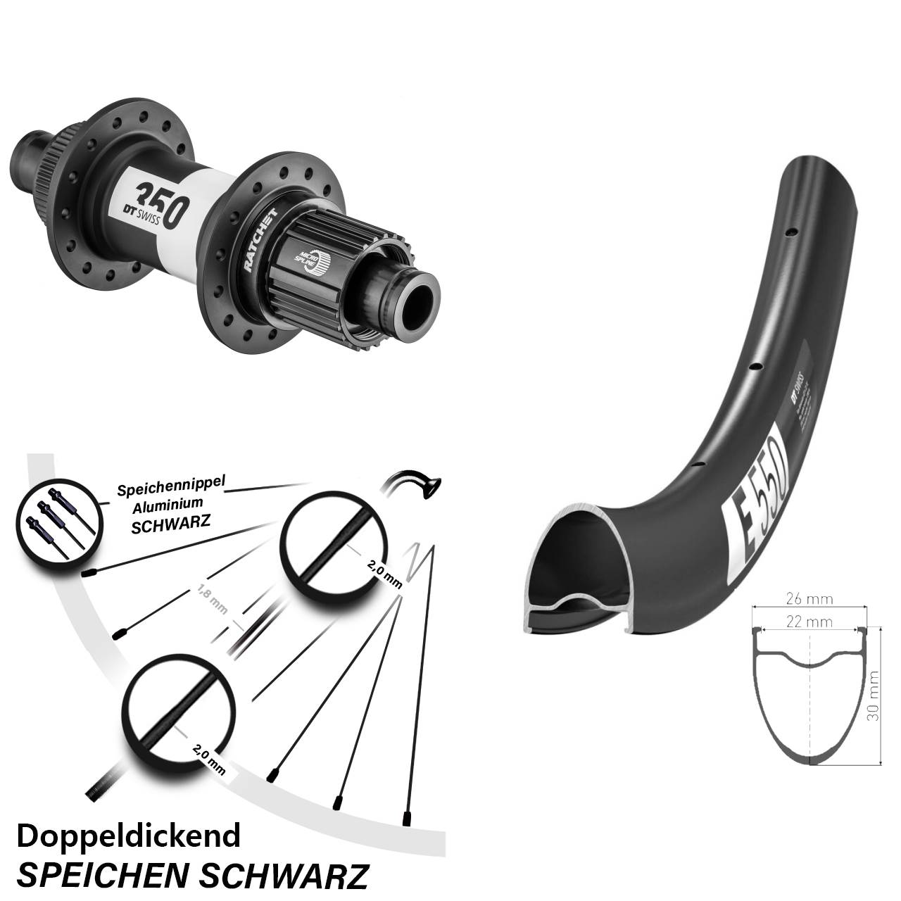 28 Zoll DT Swiss E550-350 Centerlock Hinterrad 12x142 Micro Spline