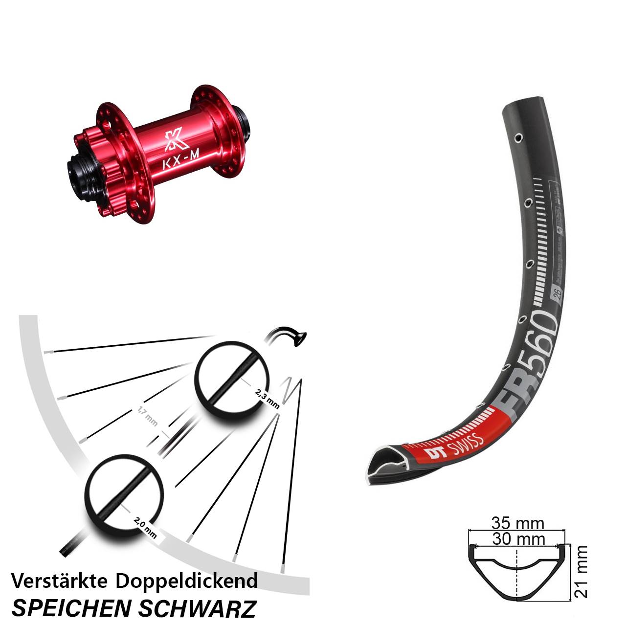 DT Swiss FR560 KX-M rot 26 Zoll Vorderrad 6-Loch 15x100
