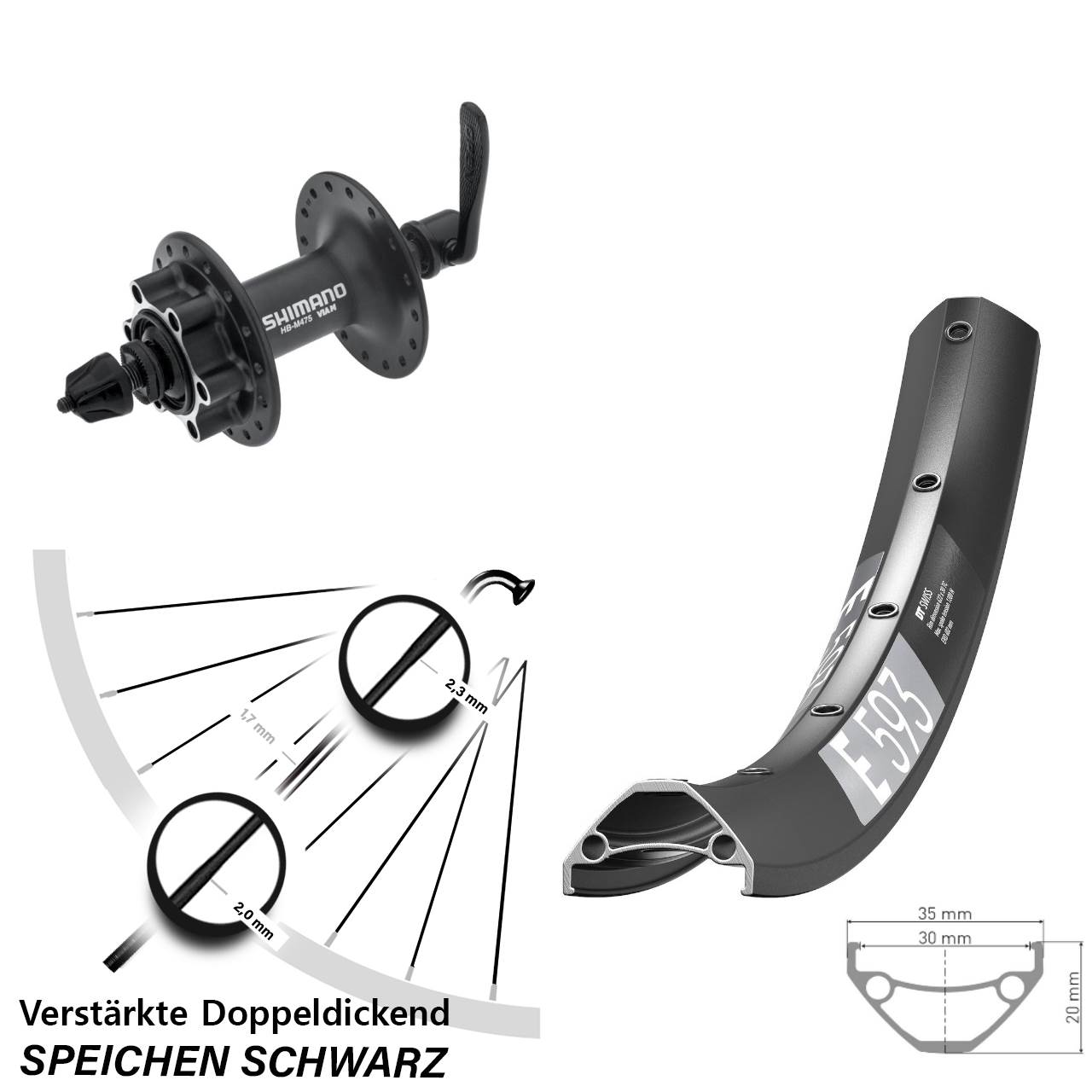 DT Swiss E 593 Shimano HB-M475 27,5 Zoll Disc Laufrad QR