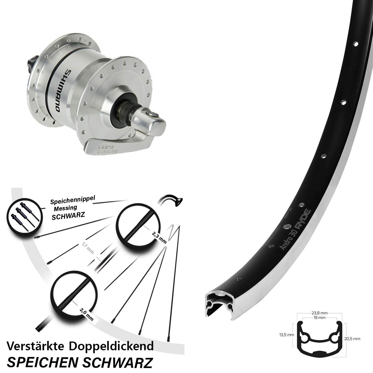 28 Zoll Ryde Andra 30 Shimano DH-3N72 Vorderrad mit Nabendynamo für Schnellspanner