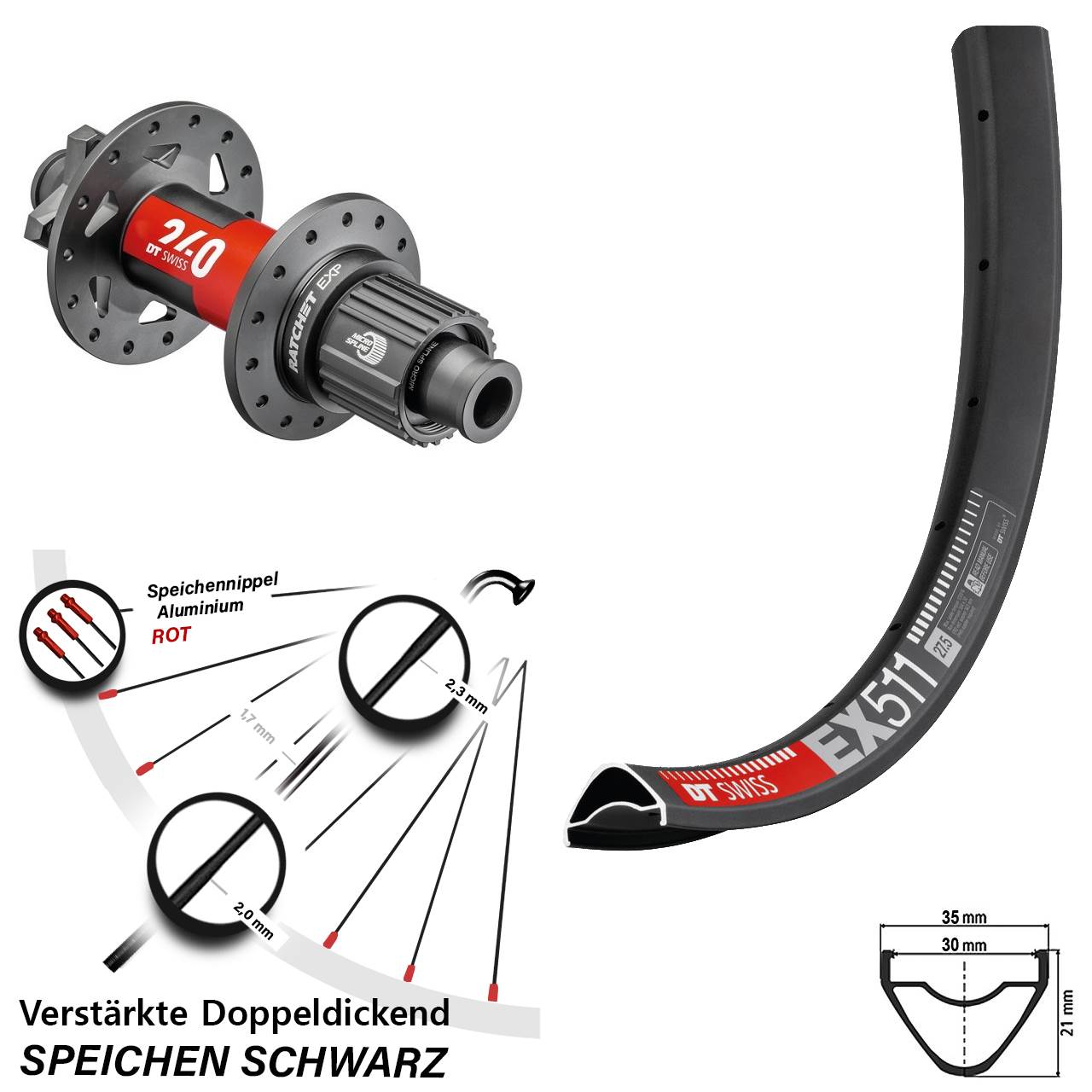 Hinterrad 6-Loch 27,5 Zoll DT Swiss EX 511 DT Swiss 240 EXP Micro Spline 12x148 Boost