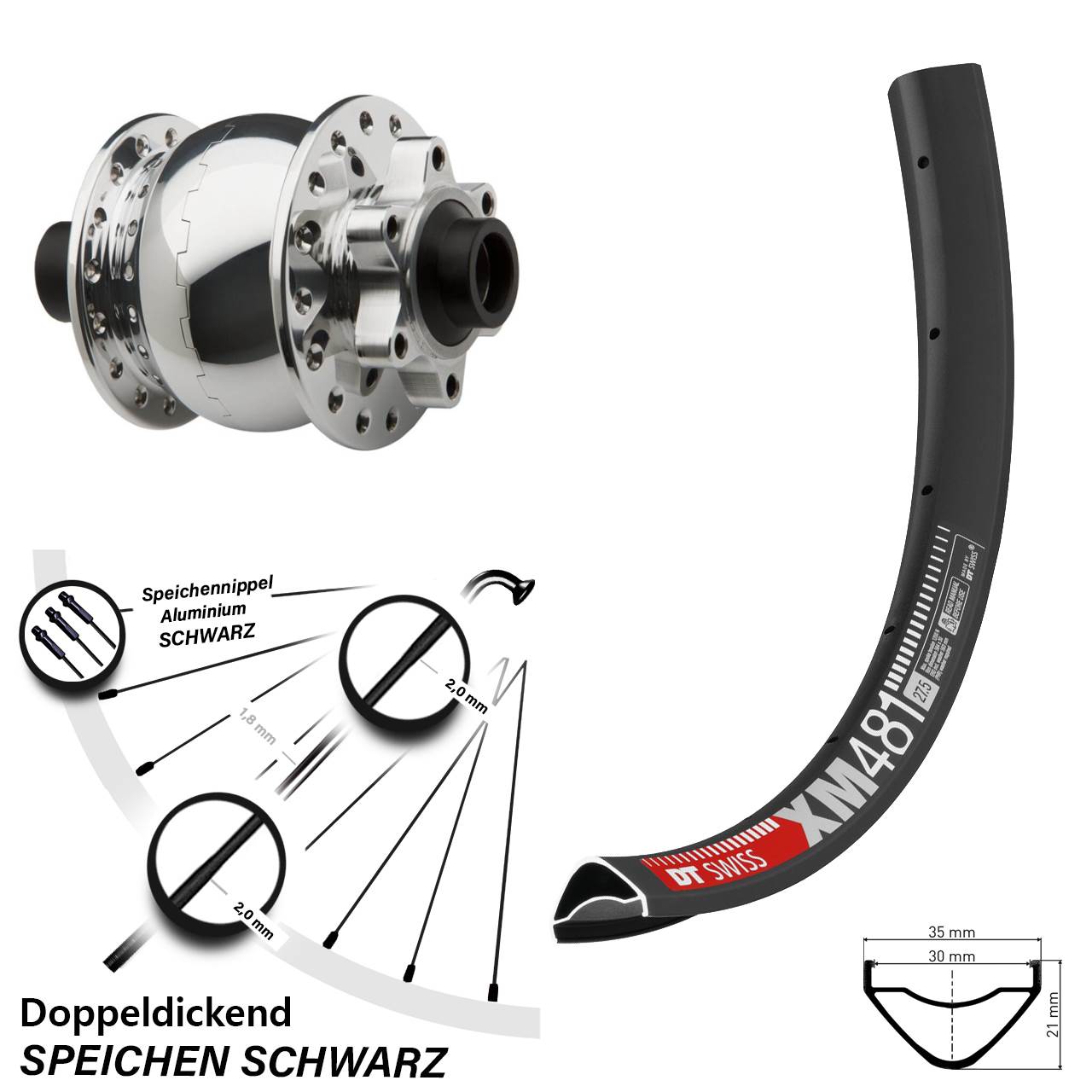 Disc Laufrad mit Nabendynamo 27,5 Zoll DT Swiss XM 481 SON 28 silbern 15x100