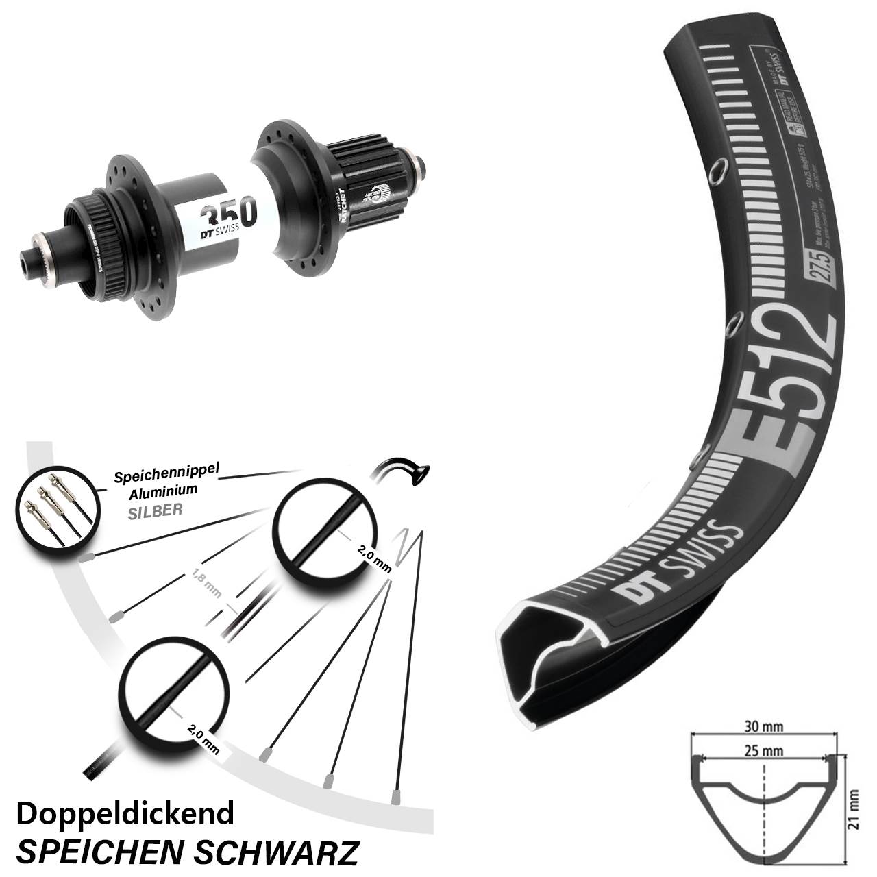 29 Zoll DT Swiss E512-350 Boost Hinterrad Centerlock für Schnellspanner Boost Micro Spline