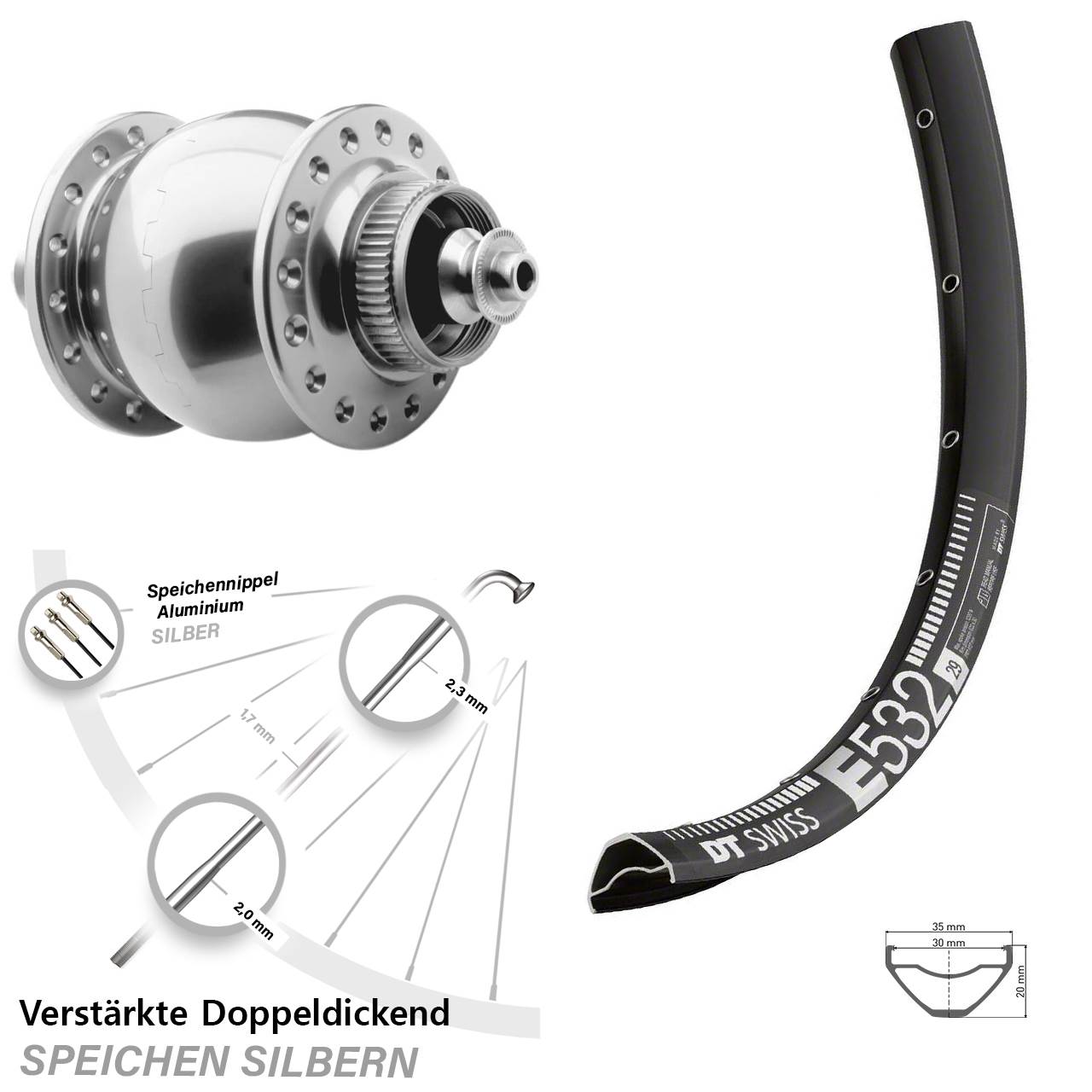 29 Zoll DT Swiss E 532 SON 28 Disc Nabendynamolaufrad für Schnellspanner