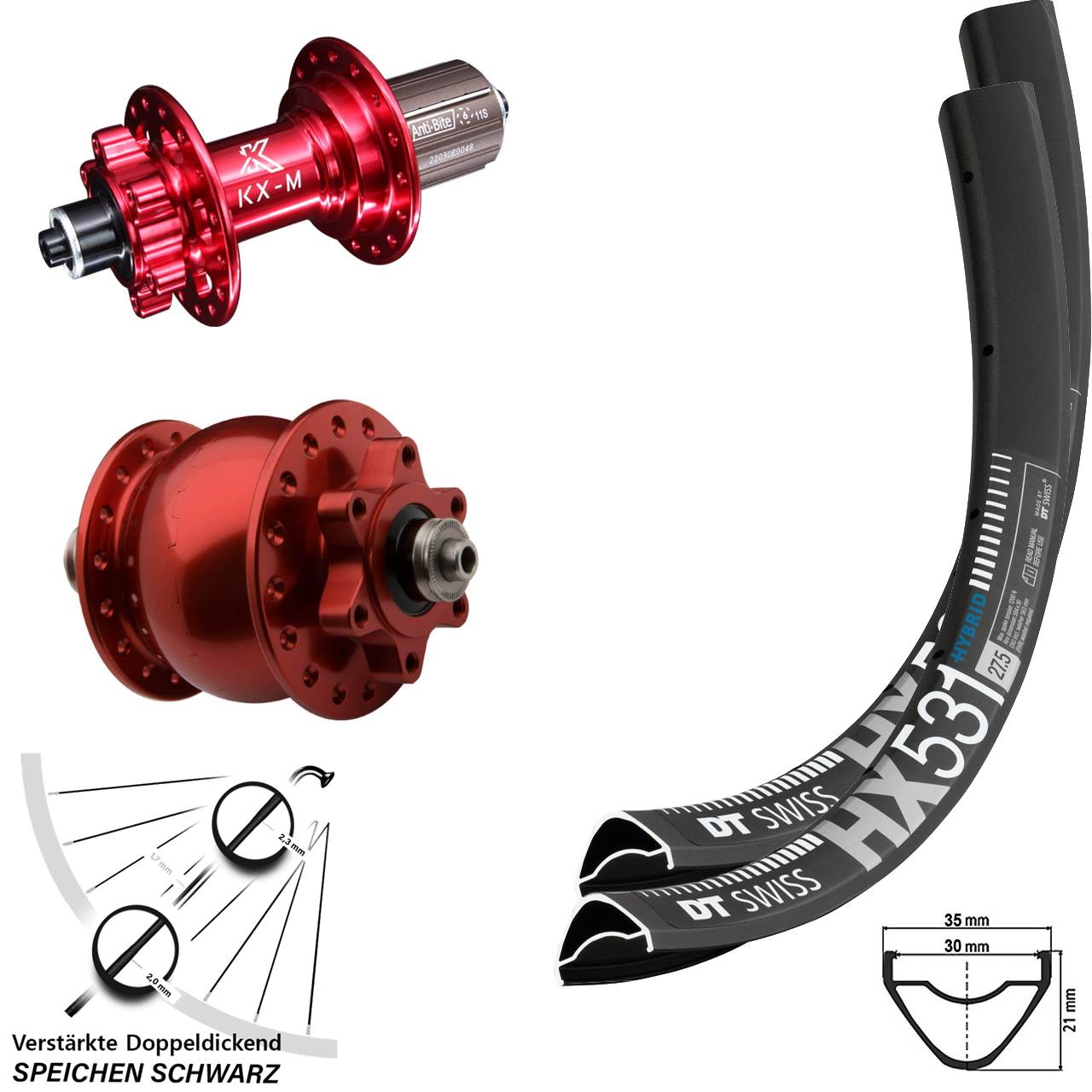 Disc Laufrad-Satz 29 Zoll DT Swiss HX531 KX-M rot SON 28 8-12 fach HG QR