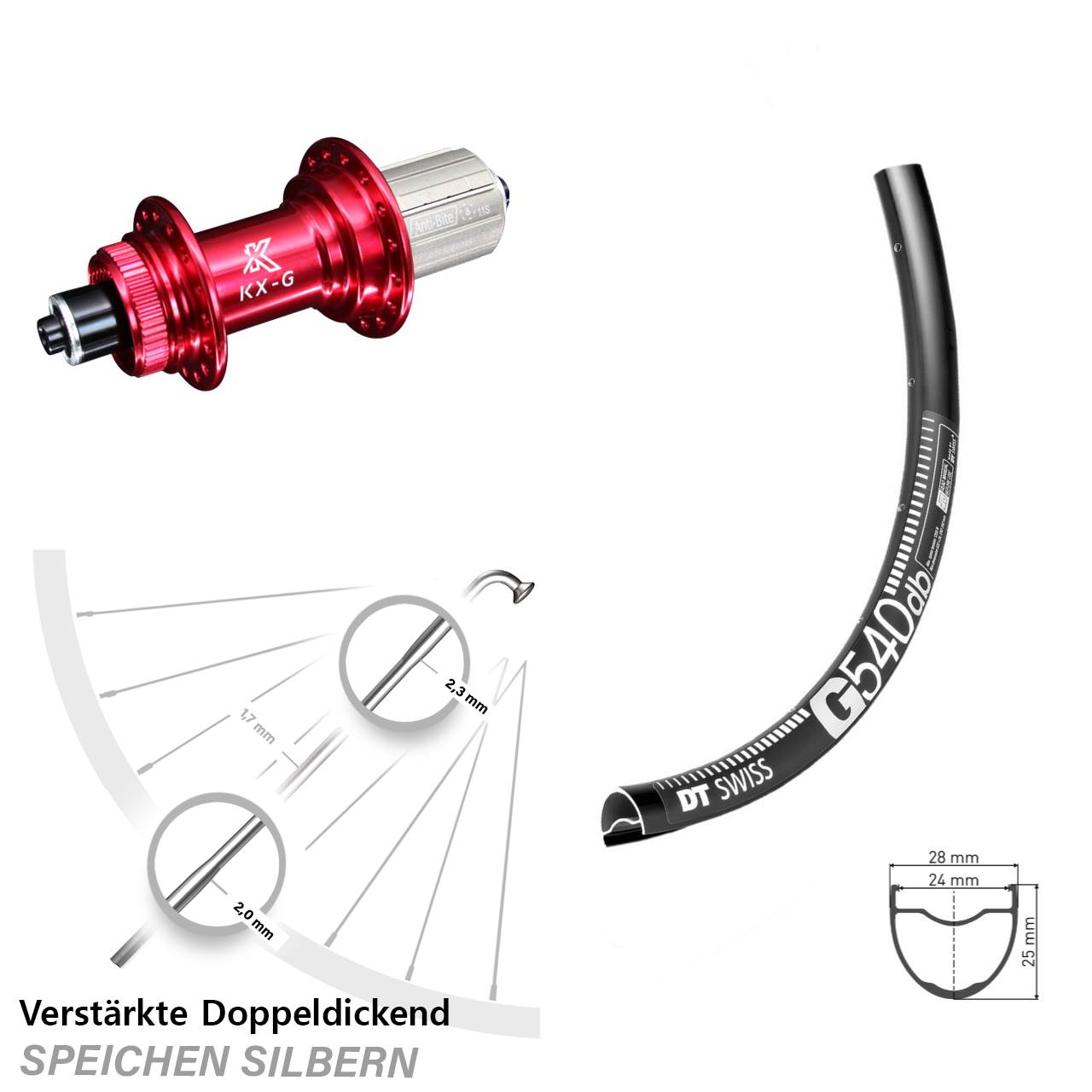verstärktes Gravel Hinterrad 28-29 Zoll Nabe KX-G rot 5x135 mm 8-12 fach DT Swiss G 540