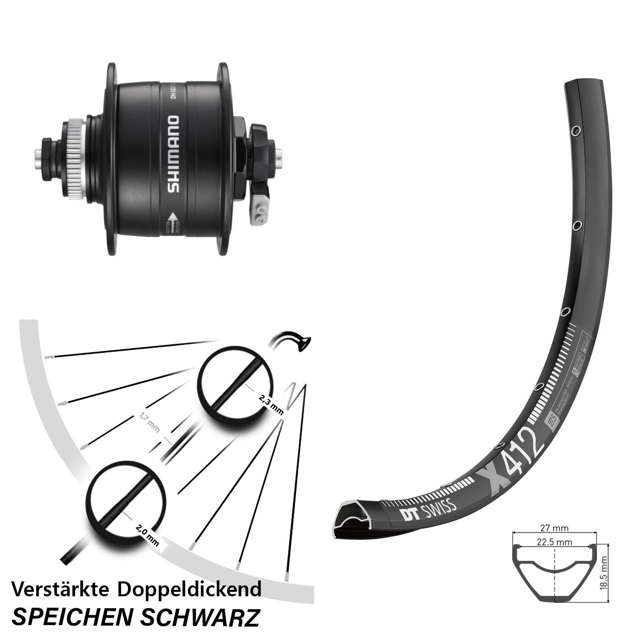 DT Swiss X 412 Shimano DH-3D37 28-29 Zoll Centerlock Dynamovorderrad QR