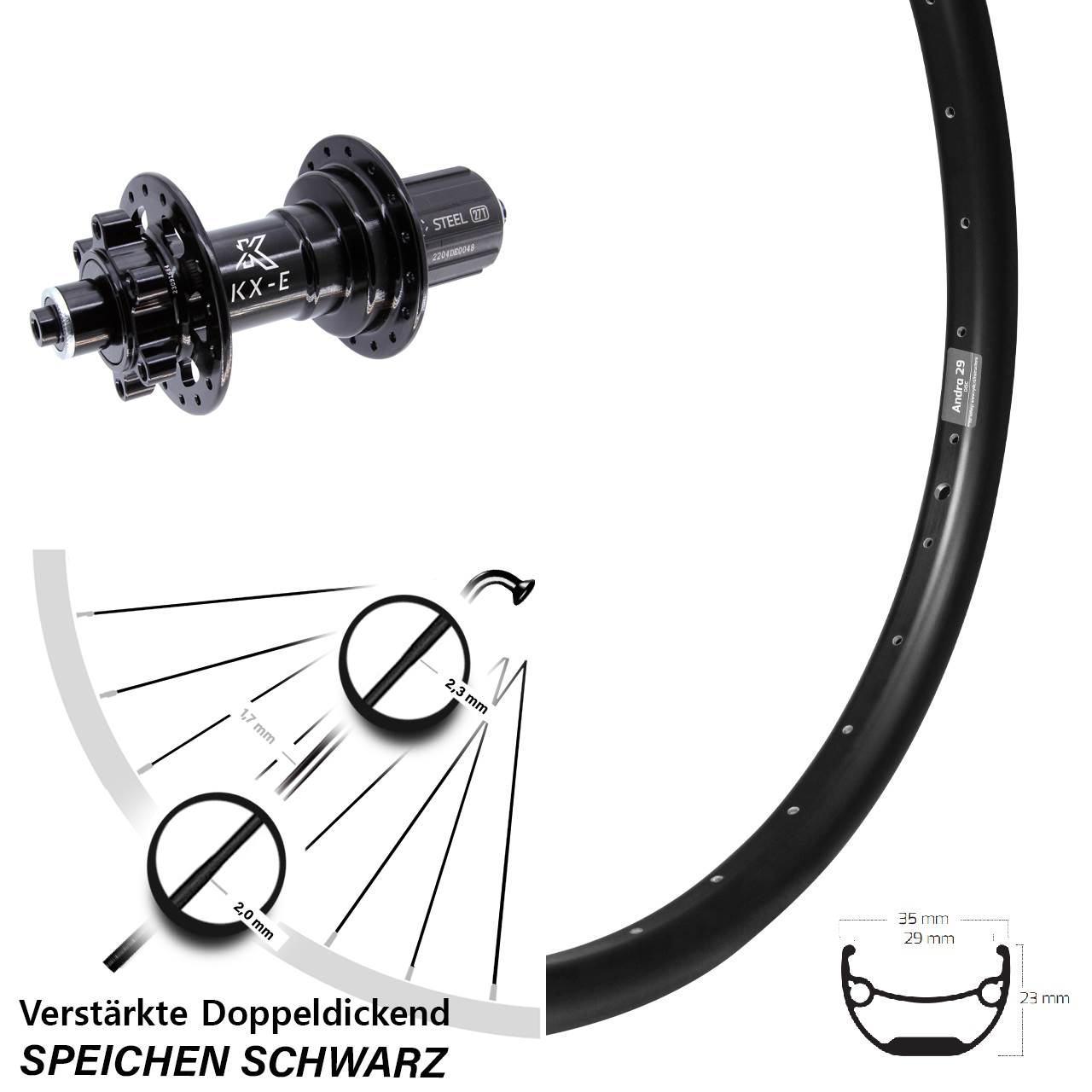 Ryde Andra 29 Zoll KX-E Heavy Duty Hinterrad QR Boost 8-12 fach HG