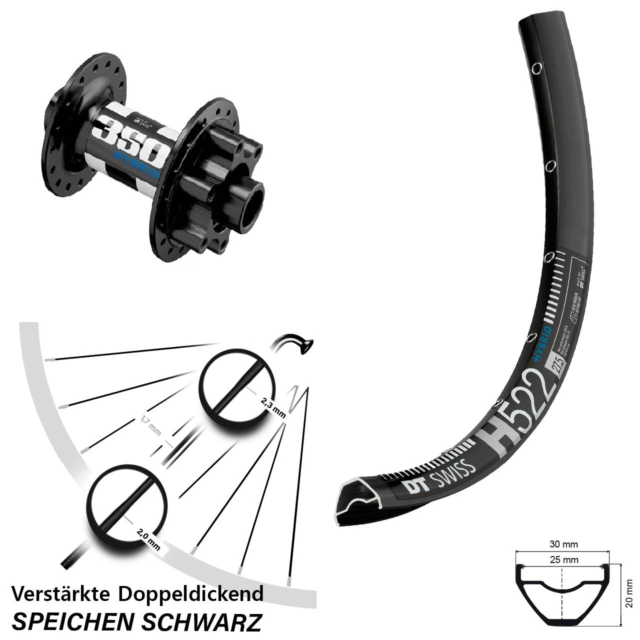 Laufrad 29 Zoll DT Swiss H 522 Disc 350 Hybrid R18 15x110 6-Loch