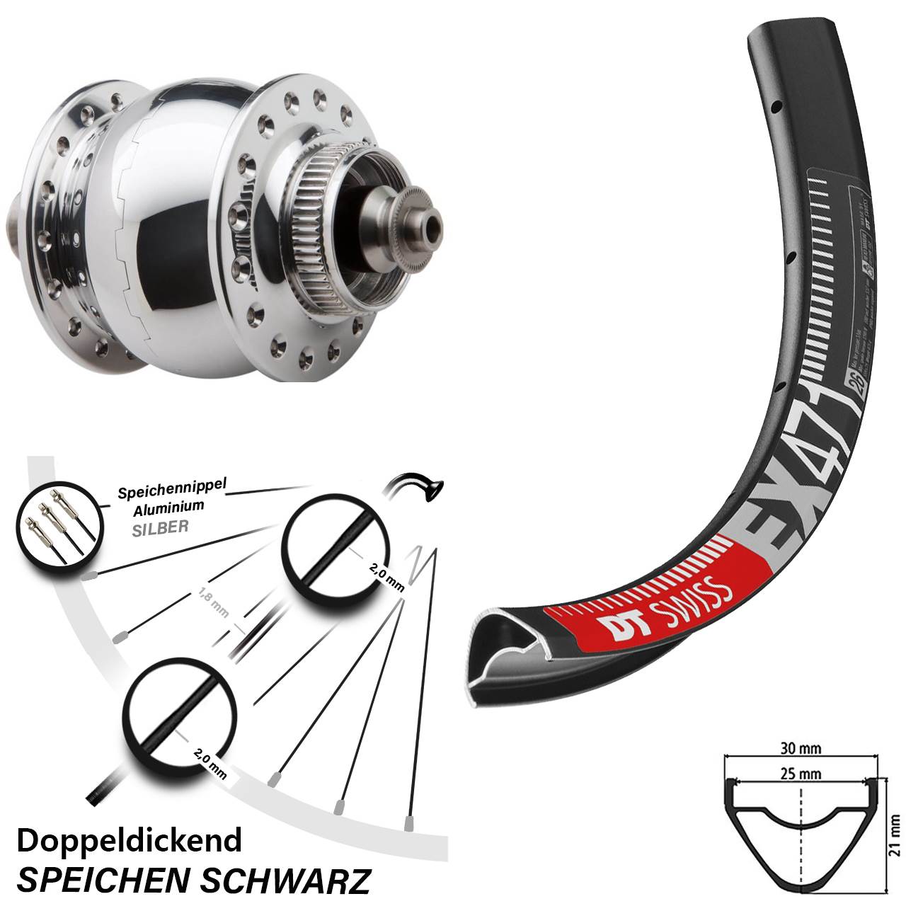 SON 28 poliert DT Swiss EX471 26 Zoll Disc Laufrad mit Nabendynamo QR