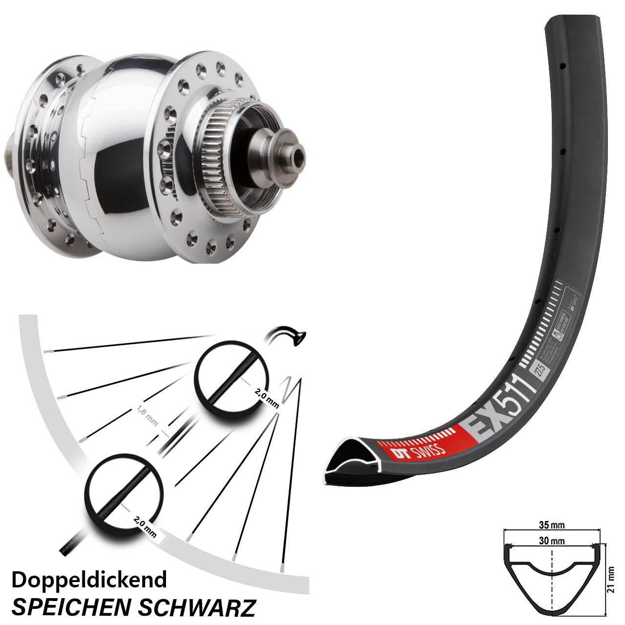 Nabendynamovorderrad Centerlock 27,5 Zoll DT Swiss EX 511 SON 28 poliert QR