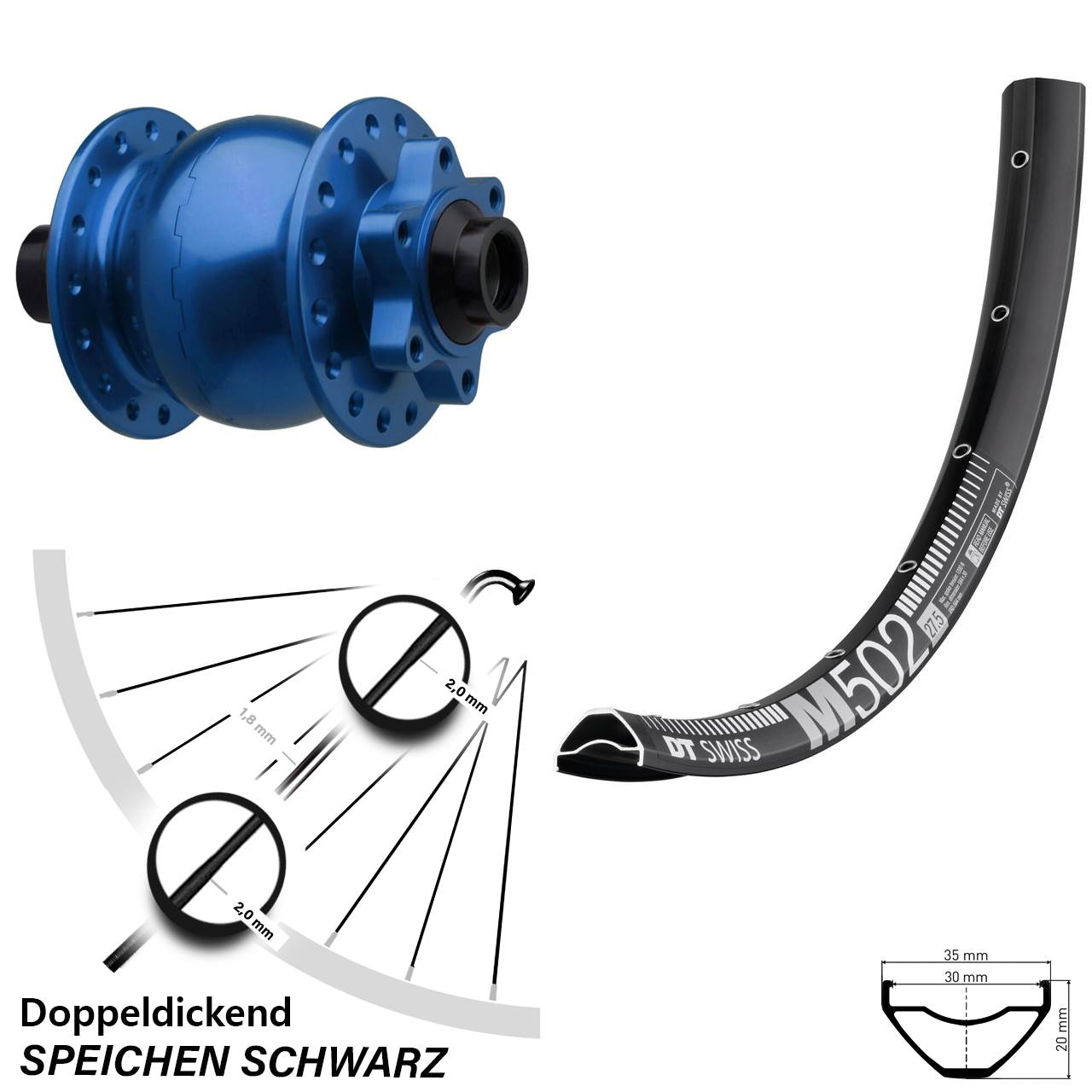 Boost Disc Dynamo-Vorderrad 15x110 27,5 Zoll DT Swiss M 502 SON 28 blau