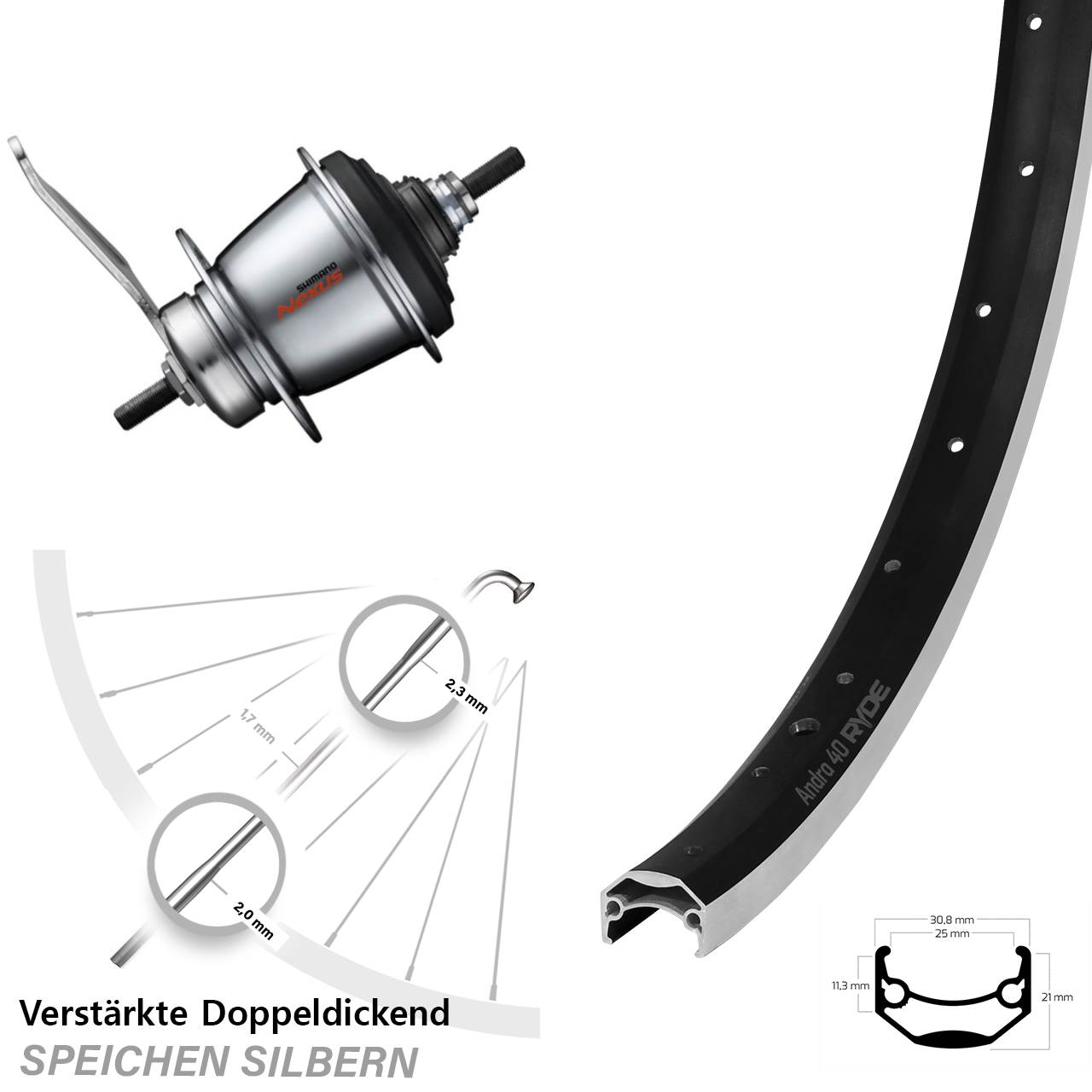 Hinterrad 20 Zoll Ryde Andra 40 Shimano 7 Gang Nabenschaltung Rücktritt