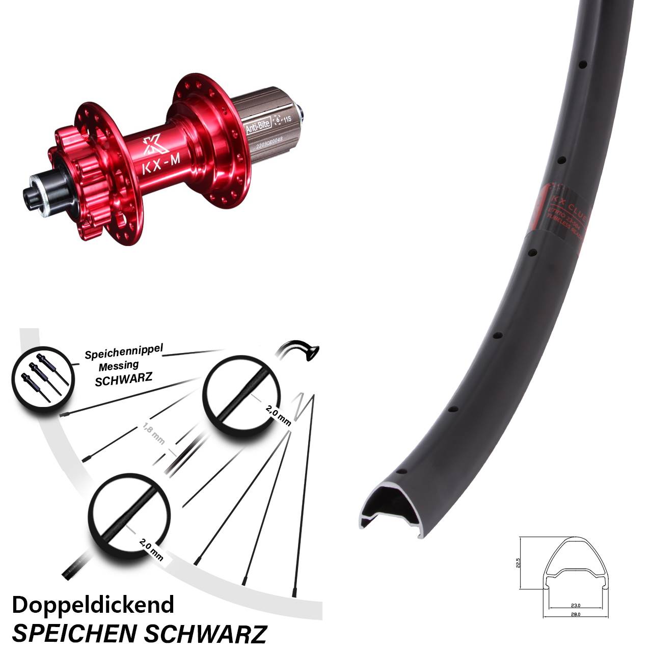 26 Zoll KX-M Clue rot 6-Loch Hinterrad für Schnellspanner 8-12 fach HG