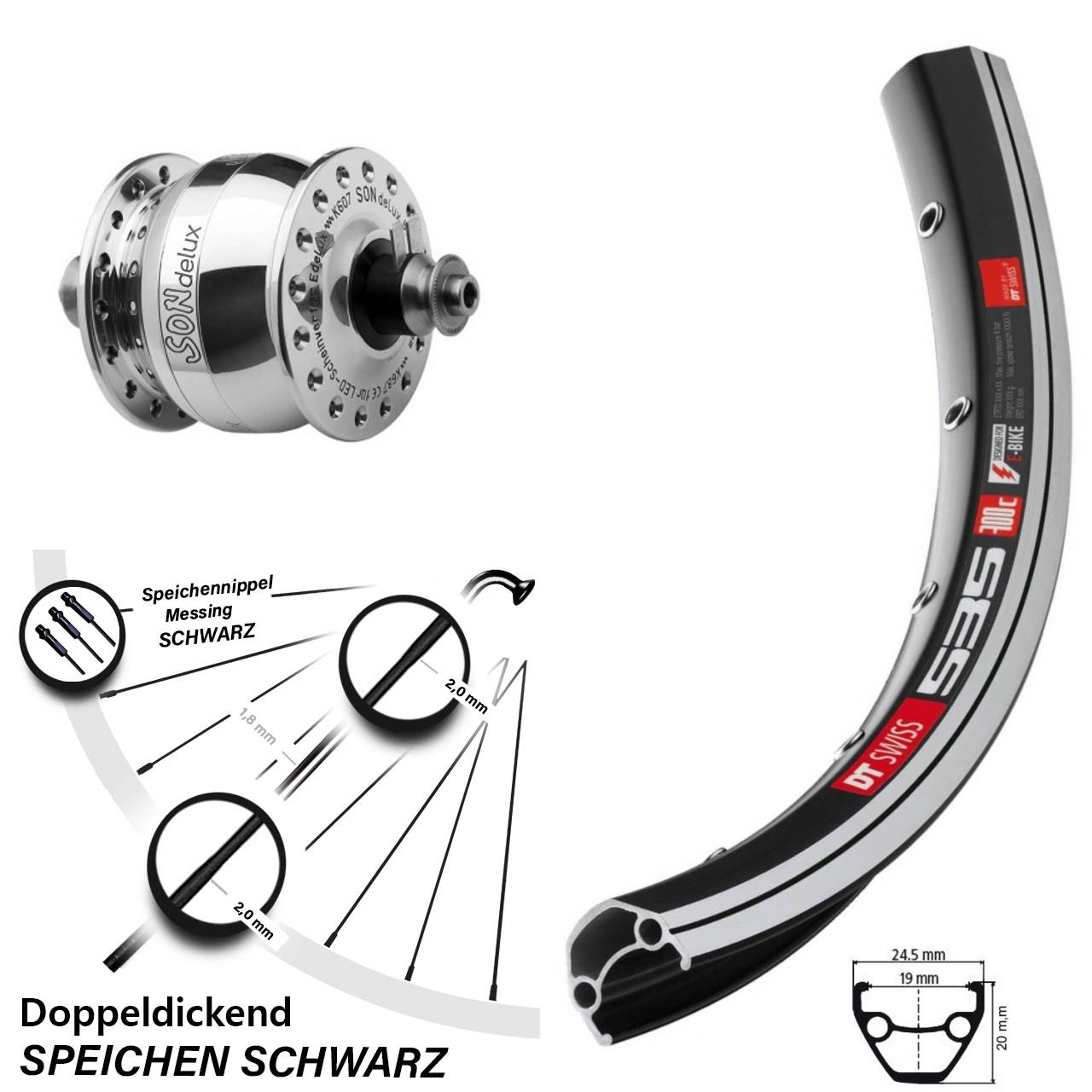 Nabendynamolaufrad QR 28 Zoll DT Swiss 535 SONdelux poliert