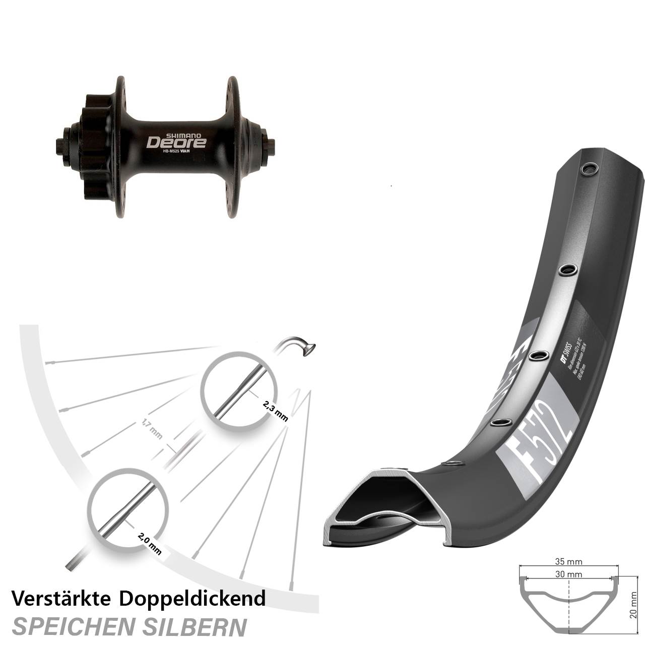 Disc Laufrad 29 Zoll DT Swiss F 572 Shimano Deore HB-M525 für Schnellspanner