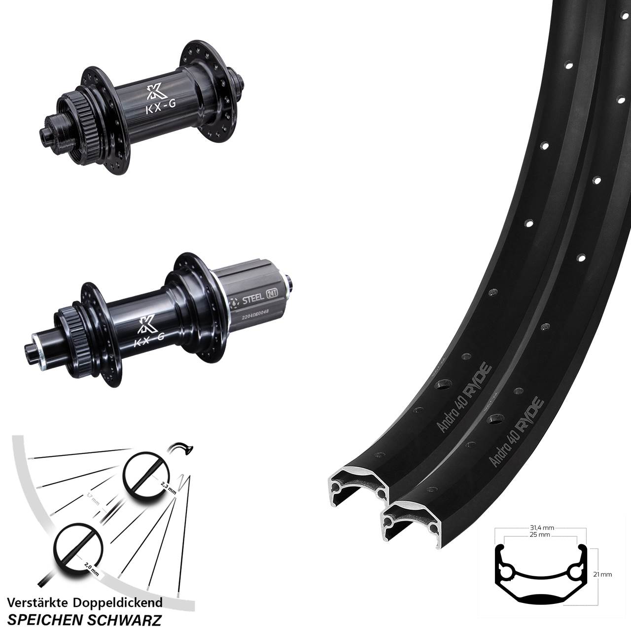 Disc Laufradsatz für Schnellspanner 27,5 Zoll Ryde Andra 40 KX-GS Heavy Duty 8-12 fach