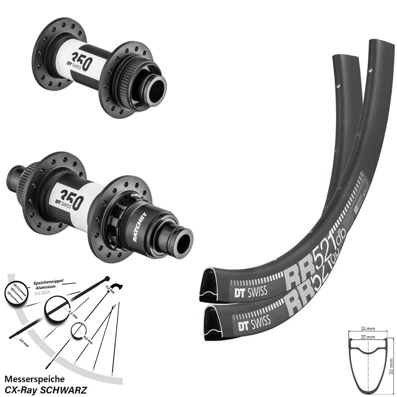 28 Zoll DT Swiss RR 521-350 Disc Laufradsatz 15x100 12x142 XDR 11-12 fach CX-Ray