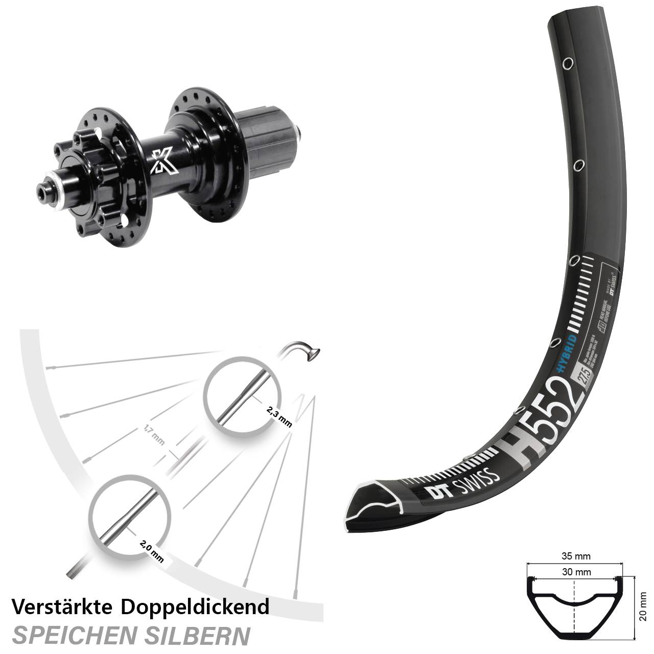 29 Zoll DT Swiss H552 KX-M Heavy Duty 6-Loch Hinterrad für Schnellspanner 8-12 fach