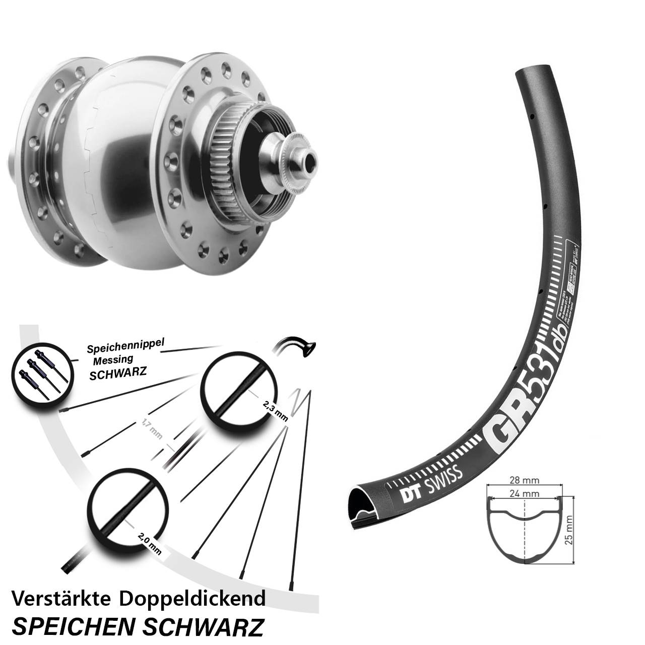 28-29 Zoll Vorderrad Nabendynamo DT Swiss GR 531 DB SON 28 Disc silbern eloxiert