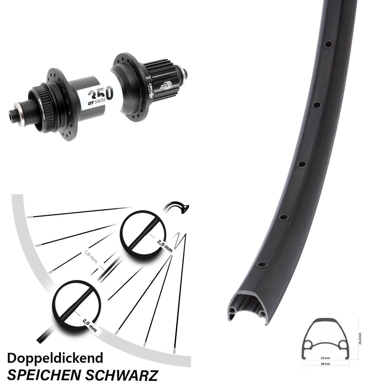 Disc Hinterrad 28-29 Zoll Ambrosio Sport DT Swiss 350 Shimano Micro Spline QR Boost