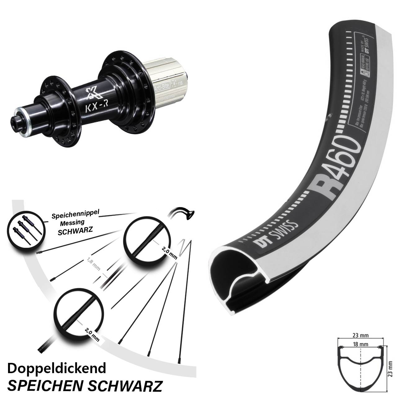 Rennrad 28 Zoll Hinterrad DT Swiss R 460 KX-R 5x130 mm schwarz Felgenbremse HG 8-12 fach