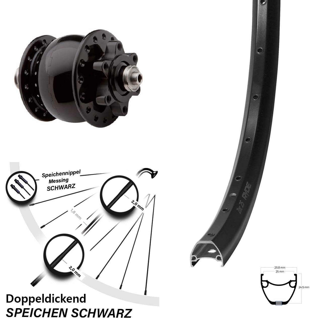 6-Loch Vorderrad mit Nabendynamo für Schnellspanner Ryde ZAC 25 SON 28 Zoll