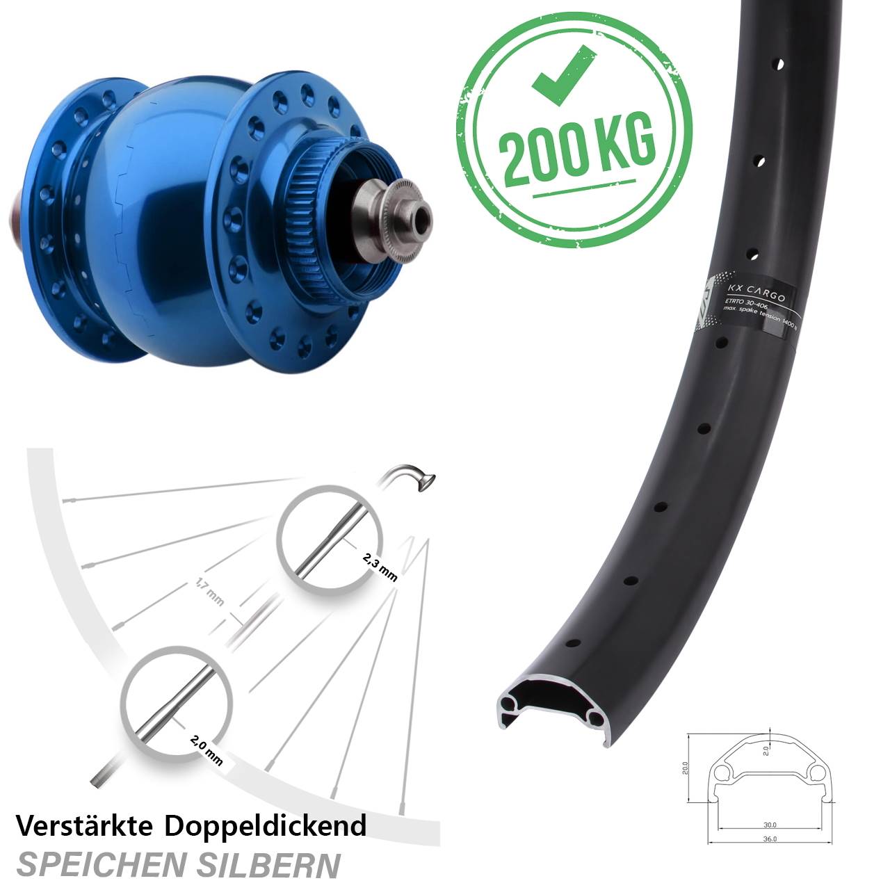 20 Zoll KX Cargo SON 28 blau Dynamo-Vorderrad Centerlock QR